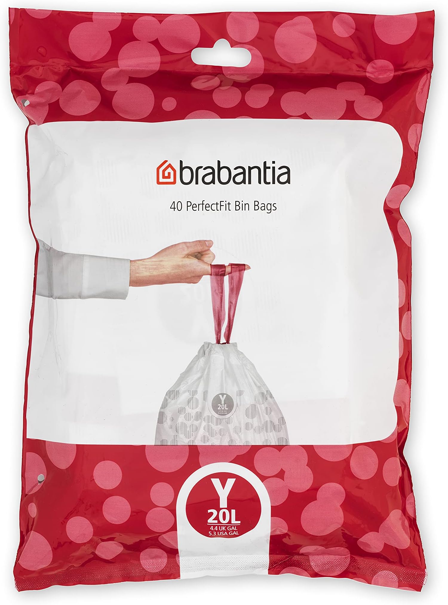 Brabantia 138263 PerfectFit Bin Liners (Size Y/20 Litre) Thick Plastic Trash Bags with Tie Tape Drawstring Handles (40 Bags), White
