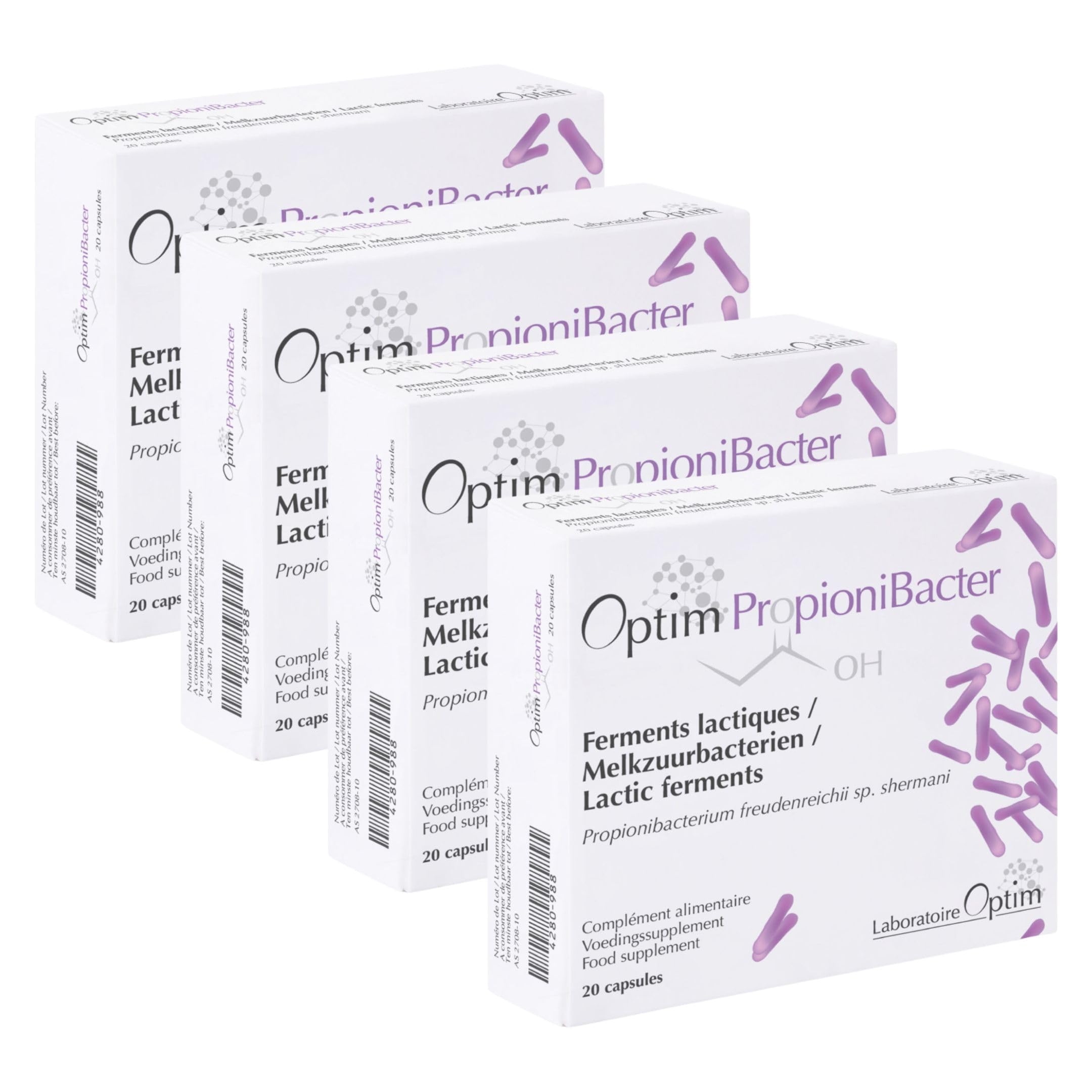 OPTIM Propionibacter Fermenti Lattici Pack 4 Scatole da 20 Capsule | Propionibacterium, Acido Propionato, Azione Probiotica, Flora Intestinale Transit Colon