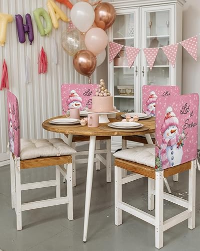 Miniatura 3 de Juego de 4 fundas para sillas de Navidad, diseño de muñeco de nieve rosa, para comedor, diseño de copos de nieve, fundas extraíbles para sillas de