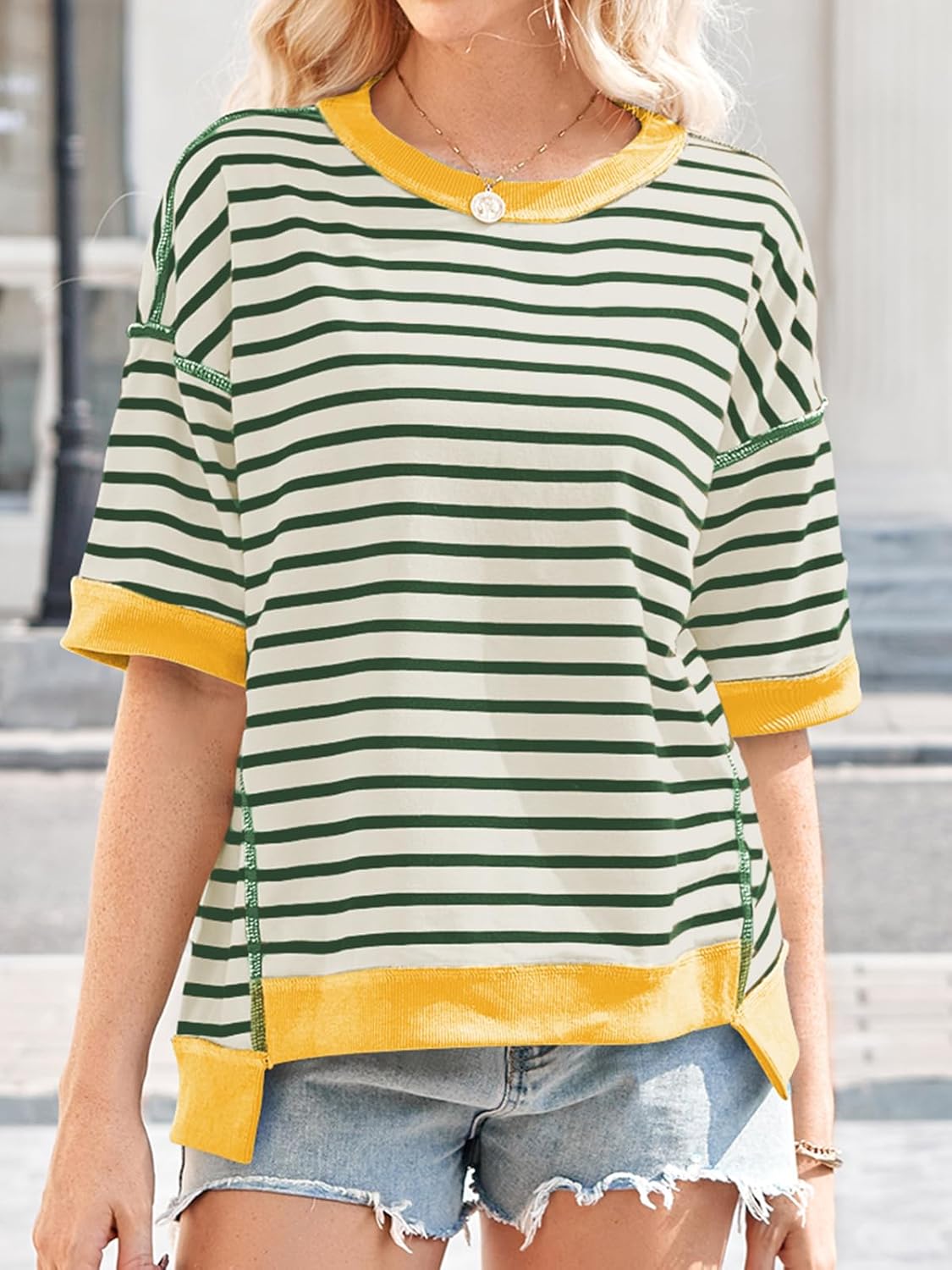 Poetsky Womens Oversized Tops Casual Short Sleeve Striped Shirts Summer Crewneck Pullover Sweatshirt Loose Blouses - Image 5