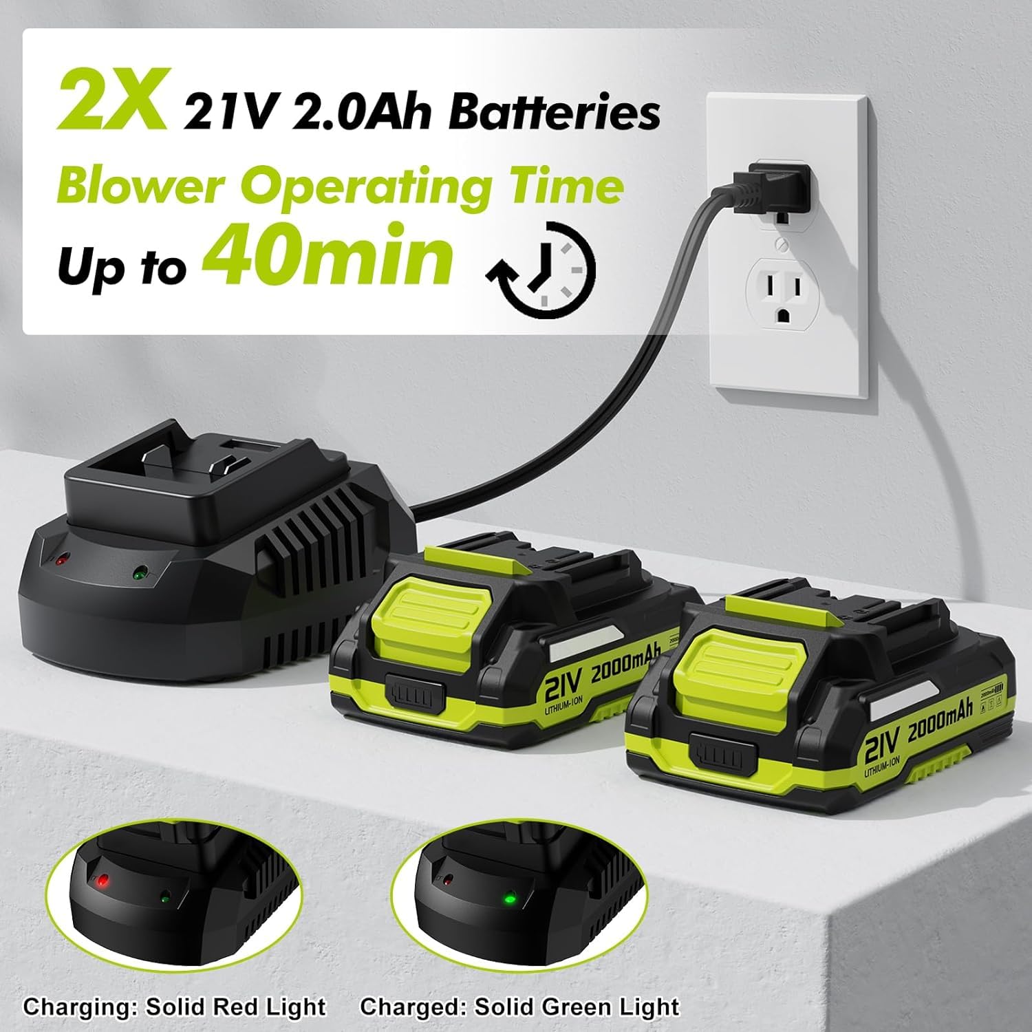Soffiatore a foglie 21 V senza fili con batteria e caricabatterie, 2 velocità, impugnatura GripZone, soffiatore elettrico per la manutenzione del prato e scarico della neve (2 batterie)
