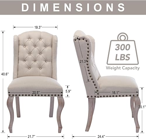 Miniatura 2 de chairus Parsons - Juego de 2 sillas de comedor tapizadas estilo rústico francés con ribete de cabeza de clavo y patas de madera curvas, sillas de