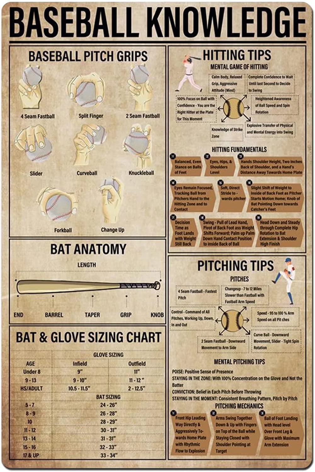 Haosensix Baseball Knowledge Metal Signs Vintage Baseball Pitch Grips Bat Anatomy Retro Poster Wall Art Tin Sign for Club Home Kitchen Bedroom School Garage Bar Wall Decor Plaque 12x16 Inches