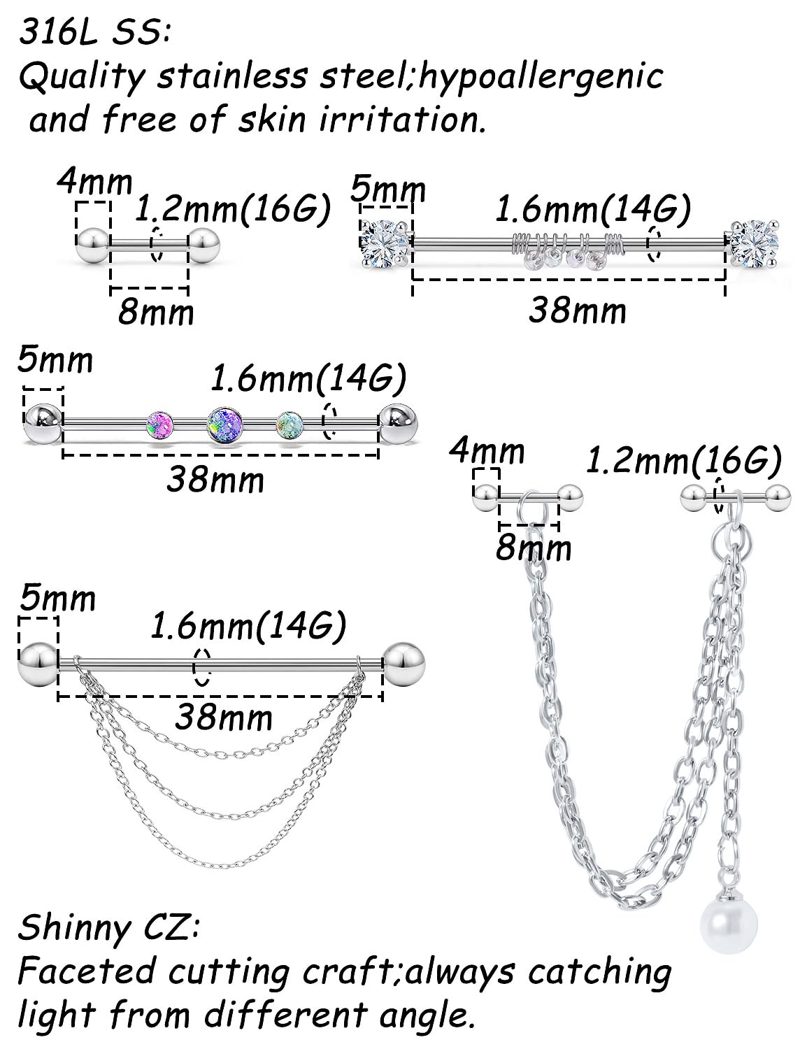Teruiioy 14G Chain Industrial Earrings Stainless Steel Industrial Piercing Jewelry Double Helix Piercing Earrings for Women Men