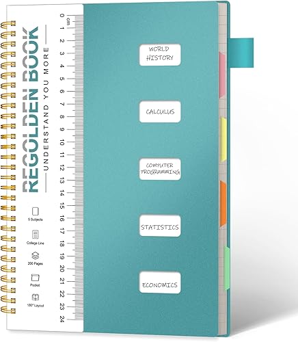 Regolden-Book Cuaderno de 5 materias con rayas universitarias con bolsillo y divisores, cuaderno de composición en espiral de múltiples materias