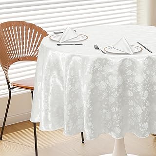 White 60" Round Satin Tablecloth, Jacquard Stain Resistant Table Cloths Wrinkle Free Tablecloth, Silkly Soft Table Cover for Dining Room/Party/Wedding/Banquet/Events