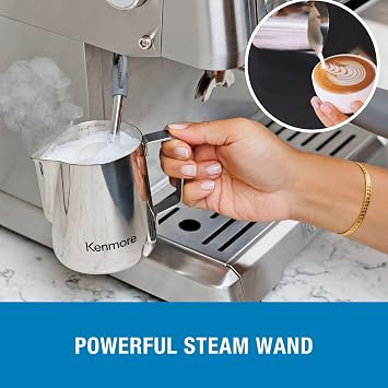 Kenmore Espresso Machine Automatic Coffee Maker with Manual Tamper, Auto Cleaning, Milk Steamer & Frother, Bean Grinder, Brew Professional Barista Style Cappuccino, Cafe Latte