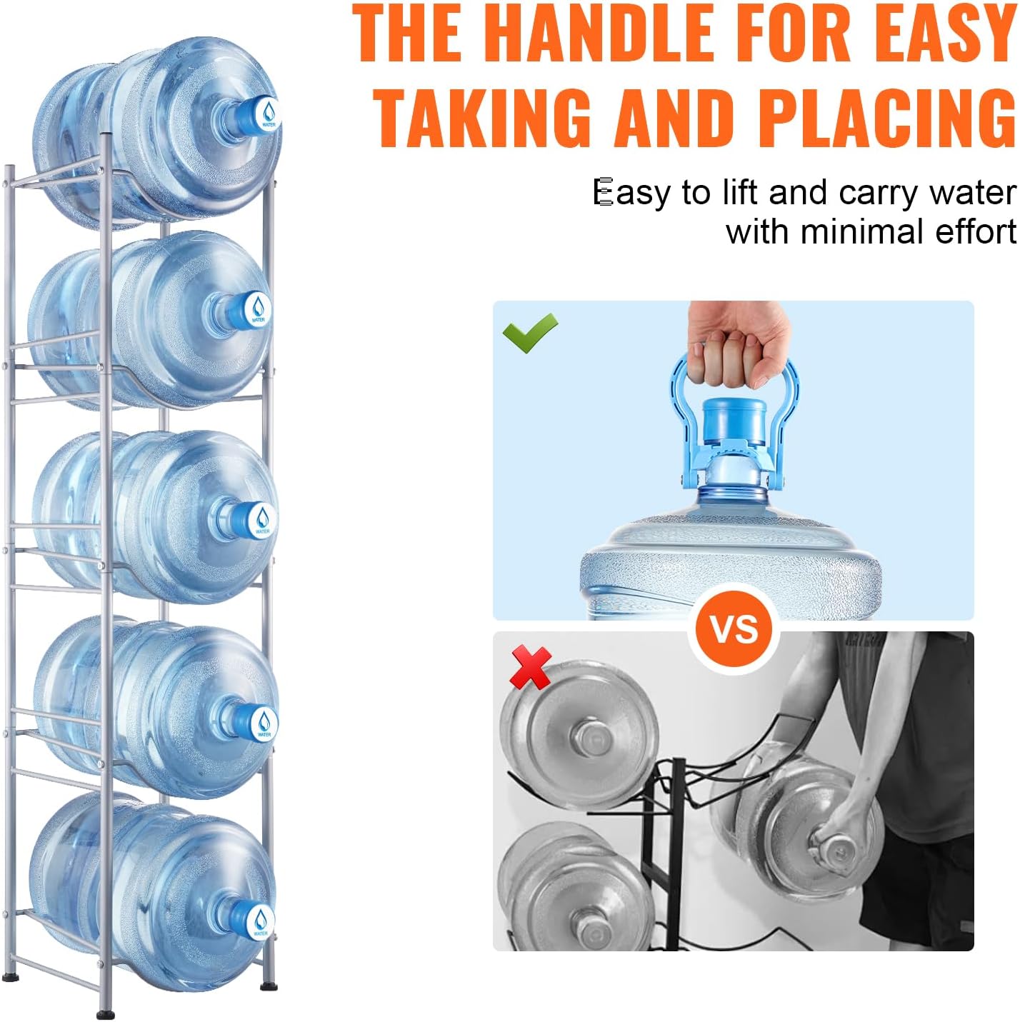 VEVOR 5 Gallon Water Jug Holder, 5 Tiers Water Bottle Holder, Heavy Duty Water Bottle Rack with 5 Slots, Detachable Water Jug Stand for Kitchen, Office, Living Room- Silver - Image 6