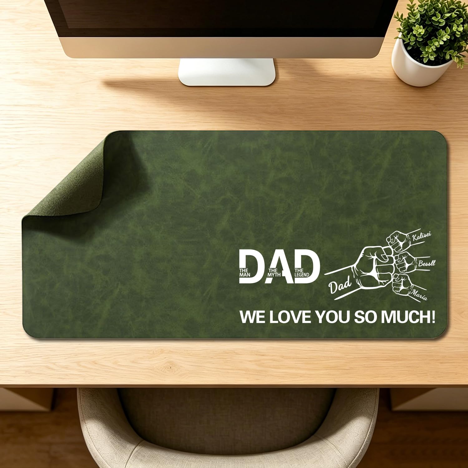 Personalize Best DAD Ever Fist Bump Dad and Kids Leather Desk Mat, Custom Father’s Day Fist Bump Leather Mouse Pad Desk Mat for Men,Daddy, Papa
