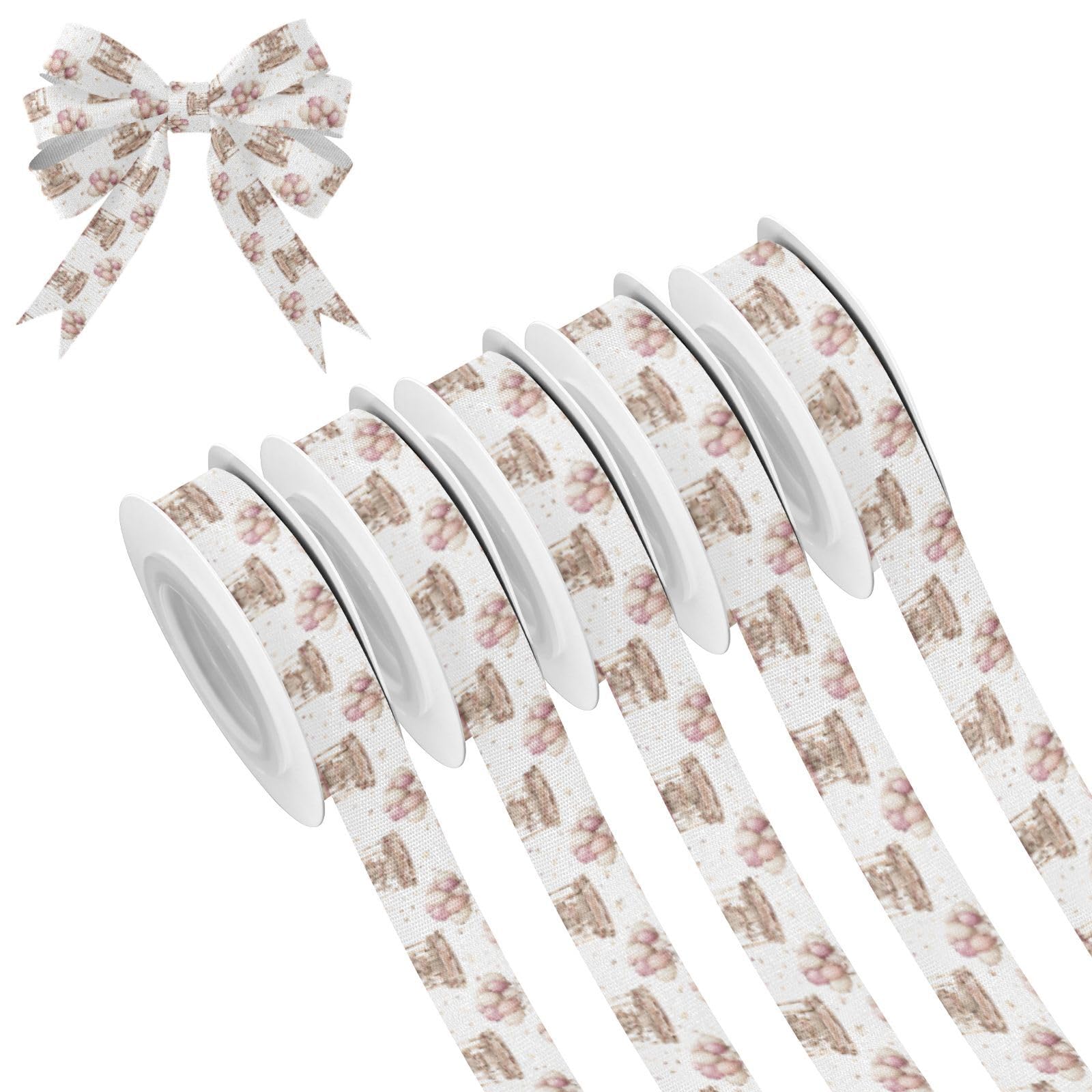 Carousel and Floating Balloons Wired Ribbon 5 Rolls 25 Yards Satin Ribbon for Baby Bridal Shower Party Nursery Decor Wedding Christmas Gift Wrapping Hair Bows