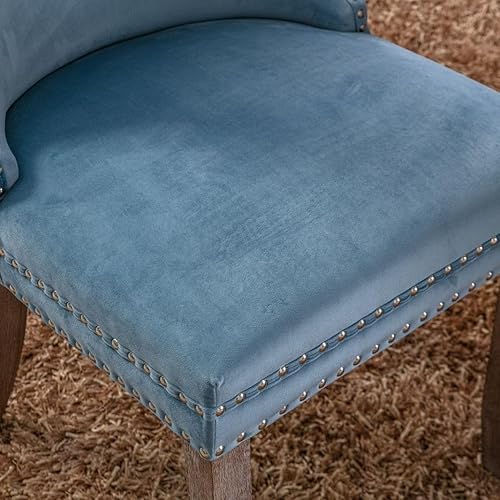 Miniatura 6 de FRITHJILL Silla de comedor tapizada de terciopelo con respaldo de ala y patas de madera marrón, decoración de remaches, silla auxiliar moderna de