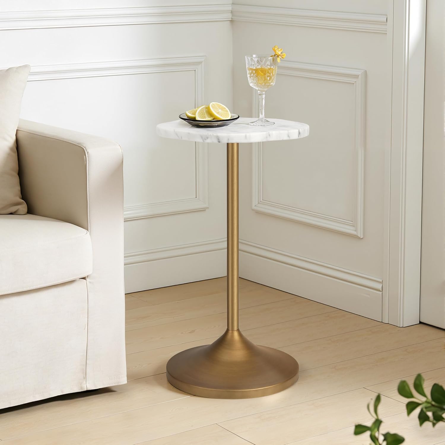 Aoligrace White Marble Drink Table,Small End Table with Metal Pedestal Stand,Antique Gold Cocktail Martini Tables for Small Spaces,Modern Side Tables for Living Room,Patio,Bedroom