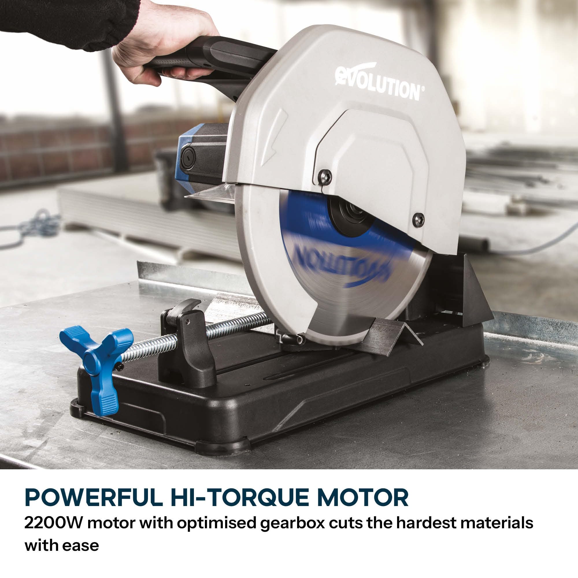 Evolution Power Tools Metall‑Trennsäge 355 mm (14") 230 V | S355CPSL mit TCT‑Klinge für Baustahl | 0–45° Gehrungsschnitte, Schnellspannschraubstock, tragbare, leichte Stahl‑Trennsäge