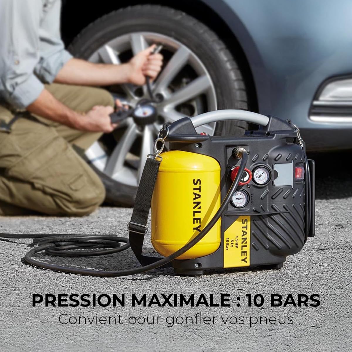 Stanley Compresseur DN200/10/5 - Compresseur à Air 10 Bar - 5L - 180L/Min - Compresseur à Air Portatif avec Poignée et Sangle de Transport - Jaune
