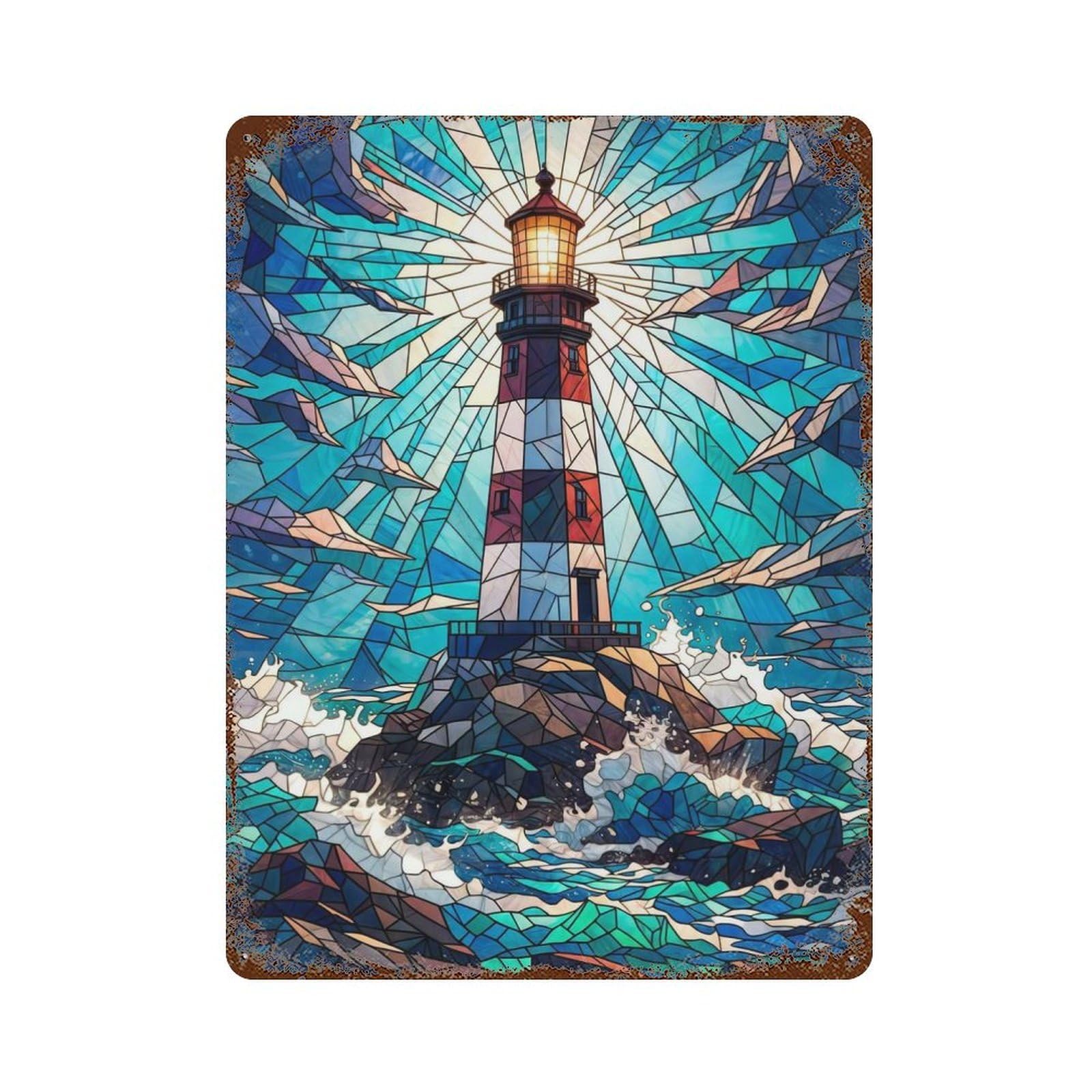 Lighthouse Stained Glass Rust Effect Tin Sign 15.7"x11.8", Farmhouse Wall Decor for Living Room, Hallway And Home Decor