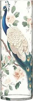 Cartoon Sweet Peacock White Plastic Cylinder Vase 11.8 x 3.9 Inch Farmhouse Vase Decorative Vases for Living Room Home Kitchen Table Centerpieces Decor