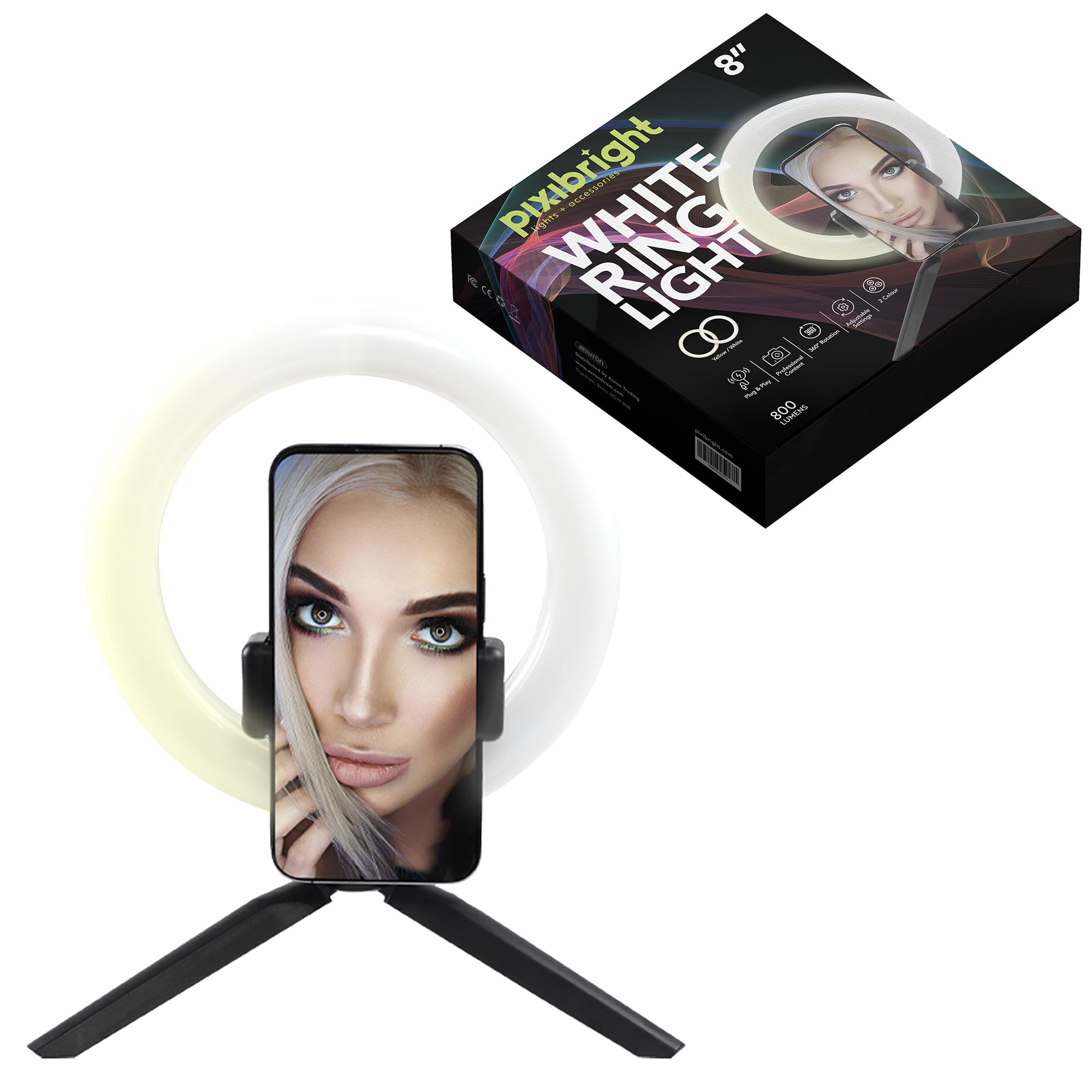 Pixibright  White Ring Light Selfie Sticks - Black - 8in