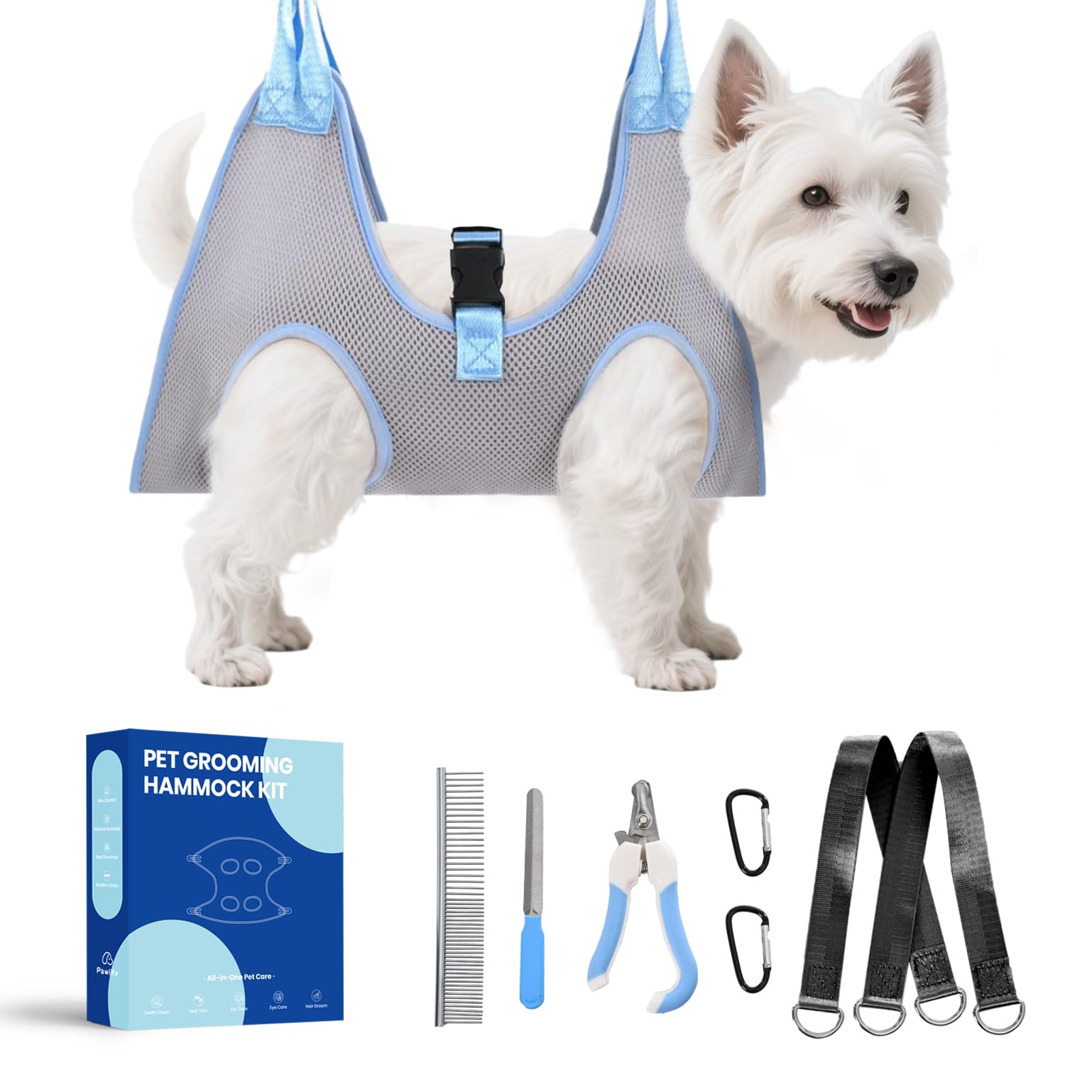 Dog Grooming Hammock, Pawlify Comfy Cat Dog Hammock for Nail Trim, Cute Dogs Grooming Harness with Pet Nail Clipper Trimmer (Light Gray XS)