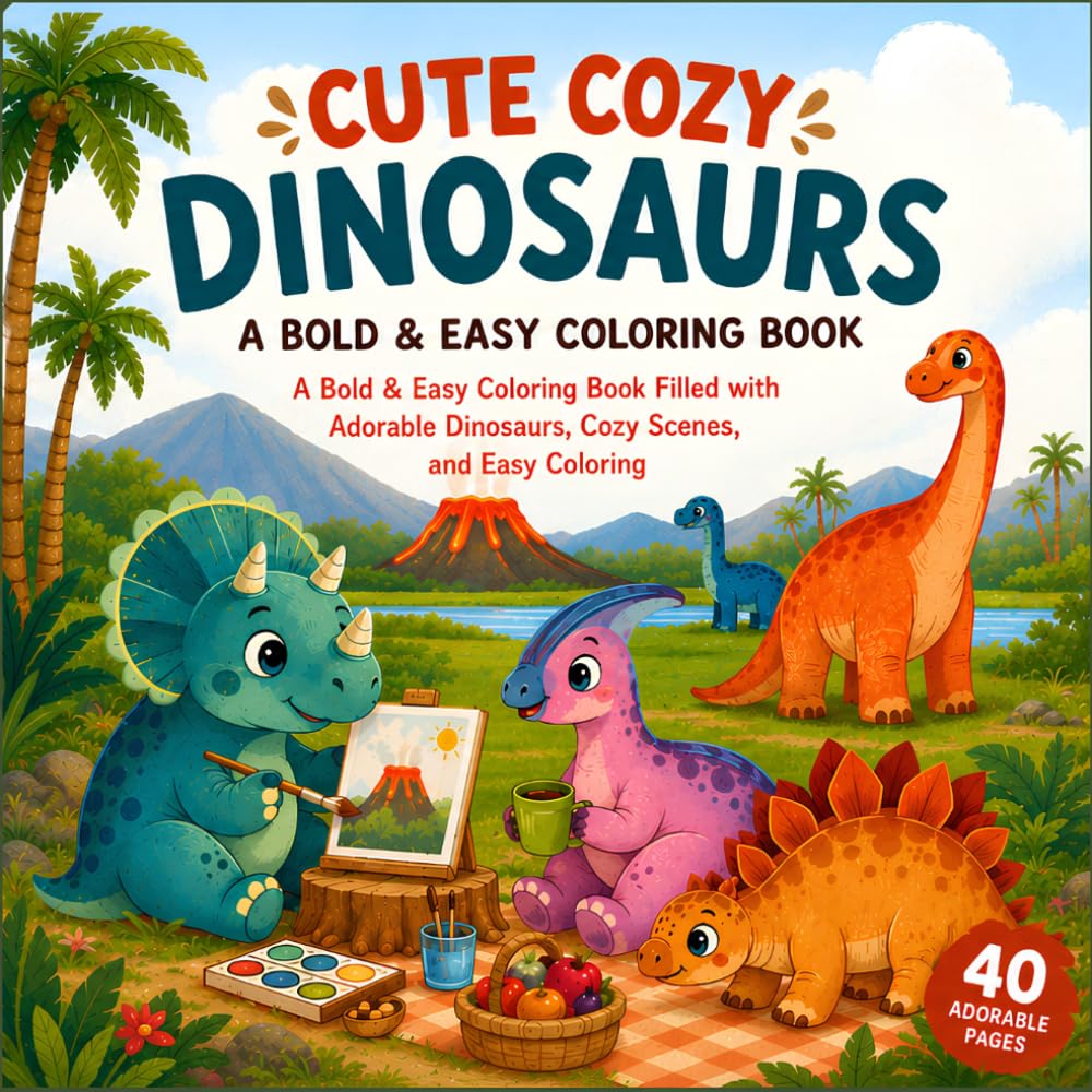 Cute Cozy Dinosaurs: A Bold & Easy Coloring Book Filled with Adorable Dinosaurs, Cozy Scenes, and Easy Coloring