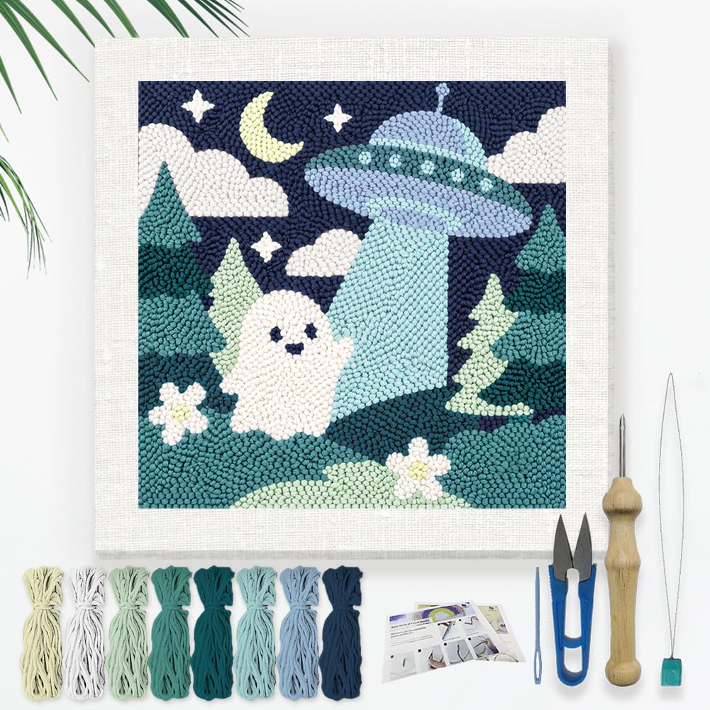 DOODLREAM Cute Ghost UFO Night Forest Punch Needle Kit for Beginner 24x24cm