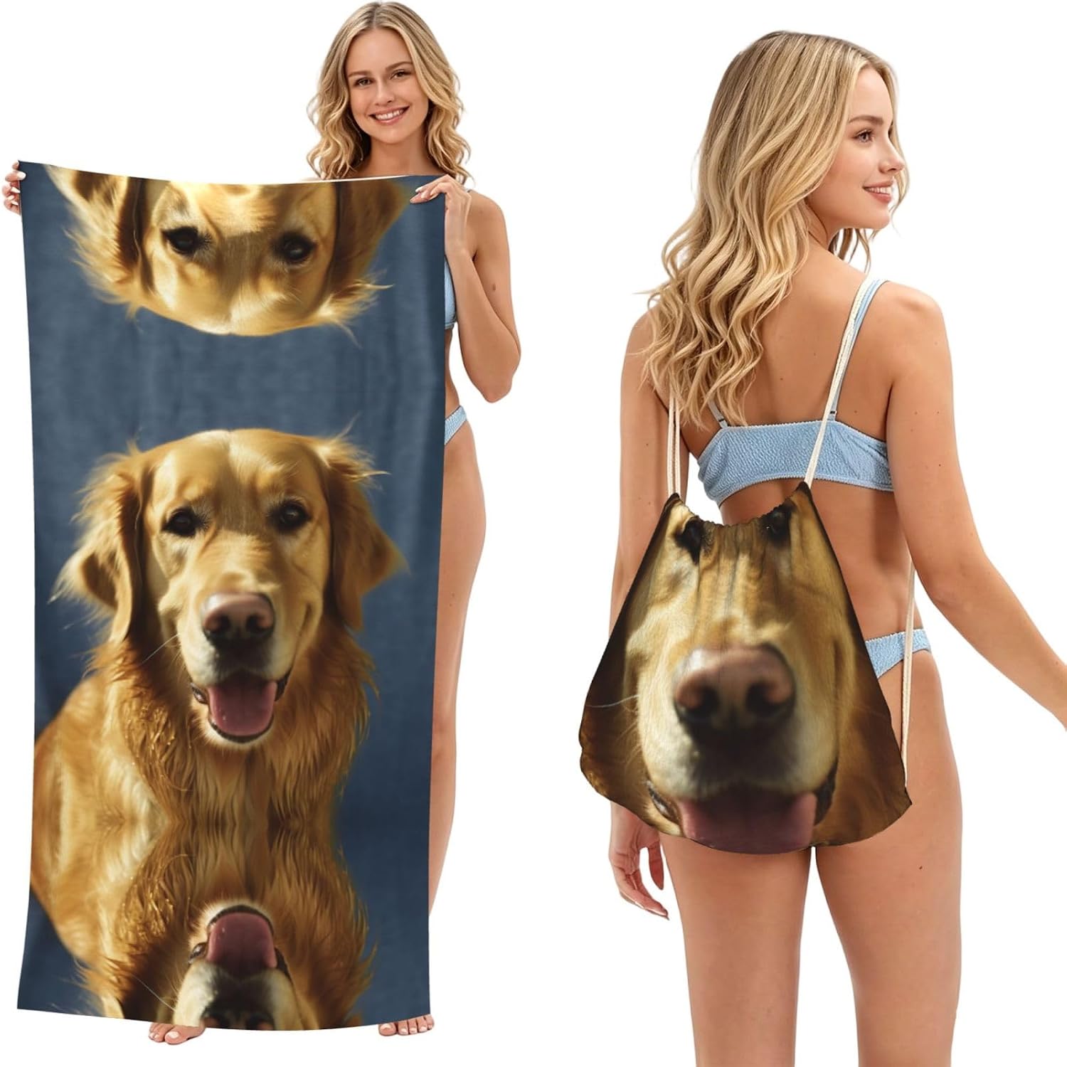 2 in 1 Packable Towel Bag,Soft Absorbent Pool Towels Backpack Quick Dry Lightweight Beach Towels Golden Dog Drawstring Bag for Travel Camping Sports Picnic
