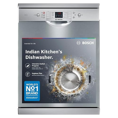 Bosch 13 Place Setting (fits up to 70 utensils) Free-Standing Dishwasher for Indian Utensils | Hygiene+ & Intensive Kadhai Program (SMS66GI01I, Inbuilt Heater, Removes 99.9% Germs, Silver Inox)