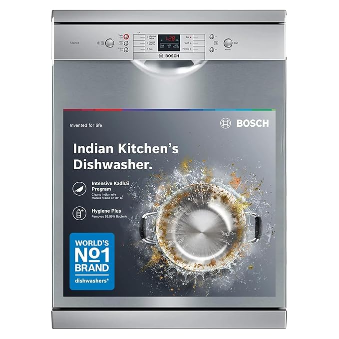 Bosch 13 Place Setting (fits up to 70 utensils) Free-Standing Dishwasher for Indian Utensils | Hygiene+ & Intensive Kadhai Program (SMS66GI01I, Silver Inox, Removes 99.9% Germs, Inbuilt Heater)