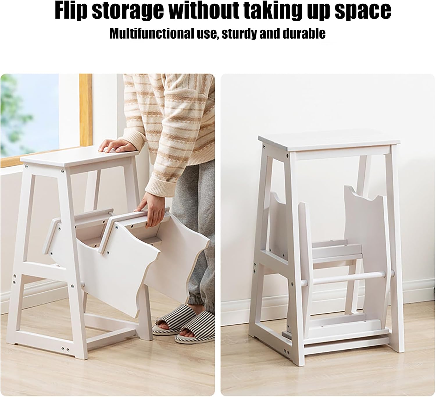 Folding Library Ladder Chair, Lightweight Portable Multifunctional Step Stool, 3-Step Stool Stepladders, Display Stand and Flower Stand for Home,Kitchens, Garages (White)