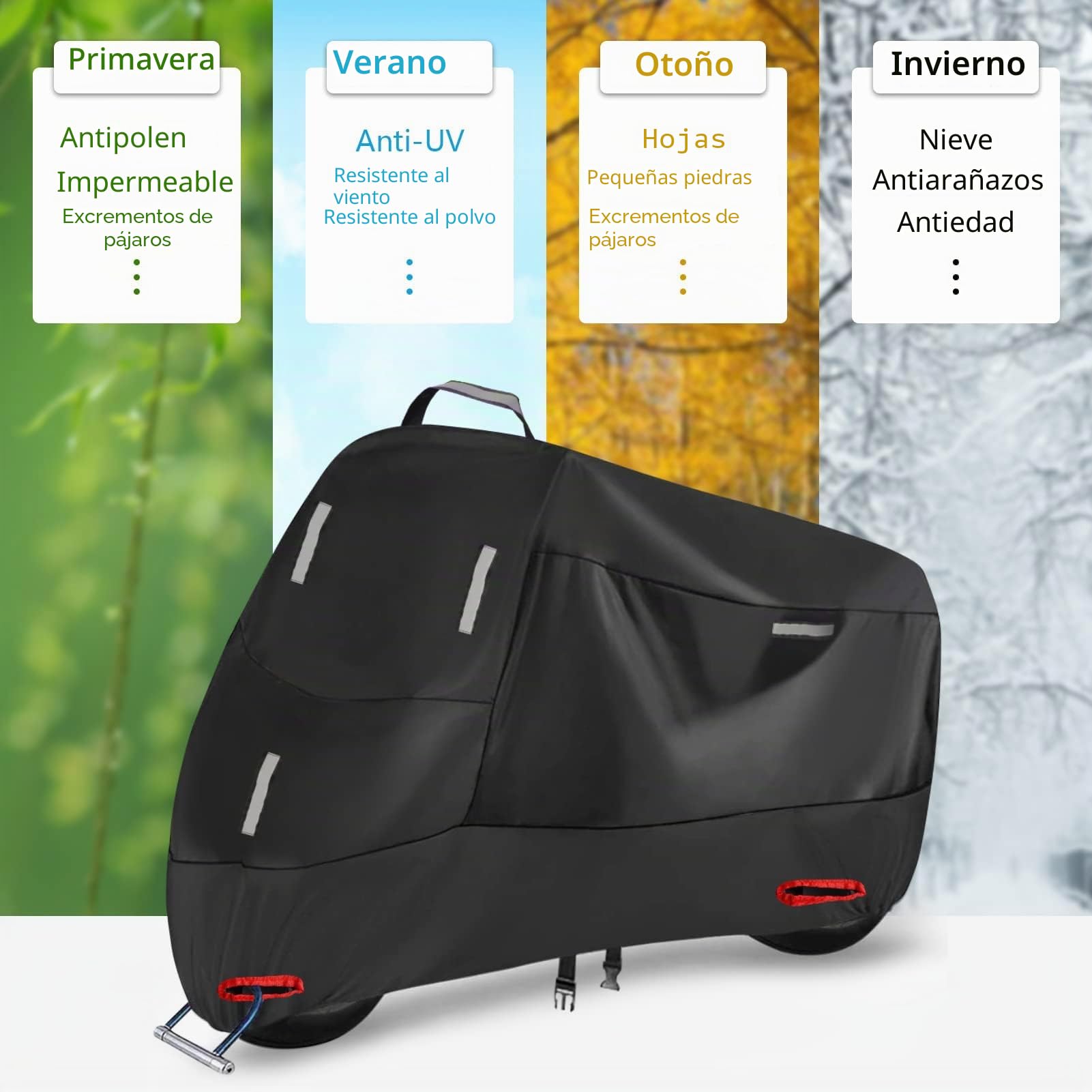 Funda Moto Impermeable para Exterior Interior, 300D Cubierta de Motocicleta Scooter Moped con 5 Tiras Reflectantes y 2 Orificios para Cerradura, 2 Hebillas de fijación (L: 220 x 95 x 110 cm)