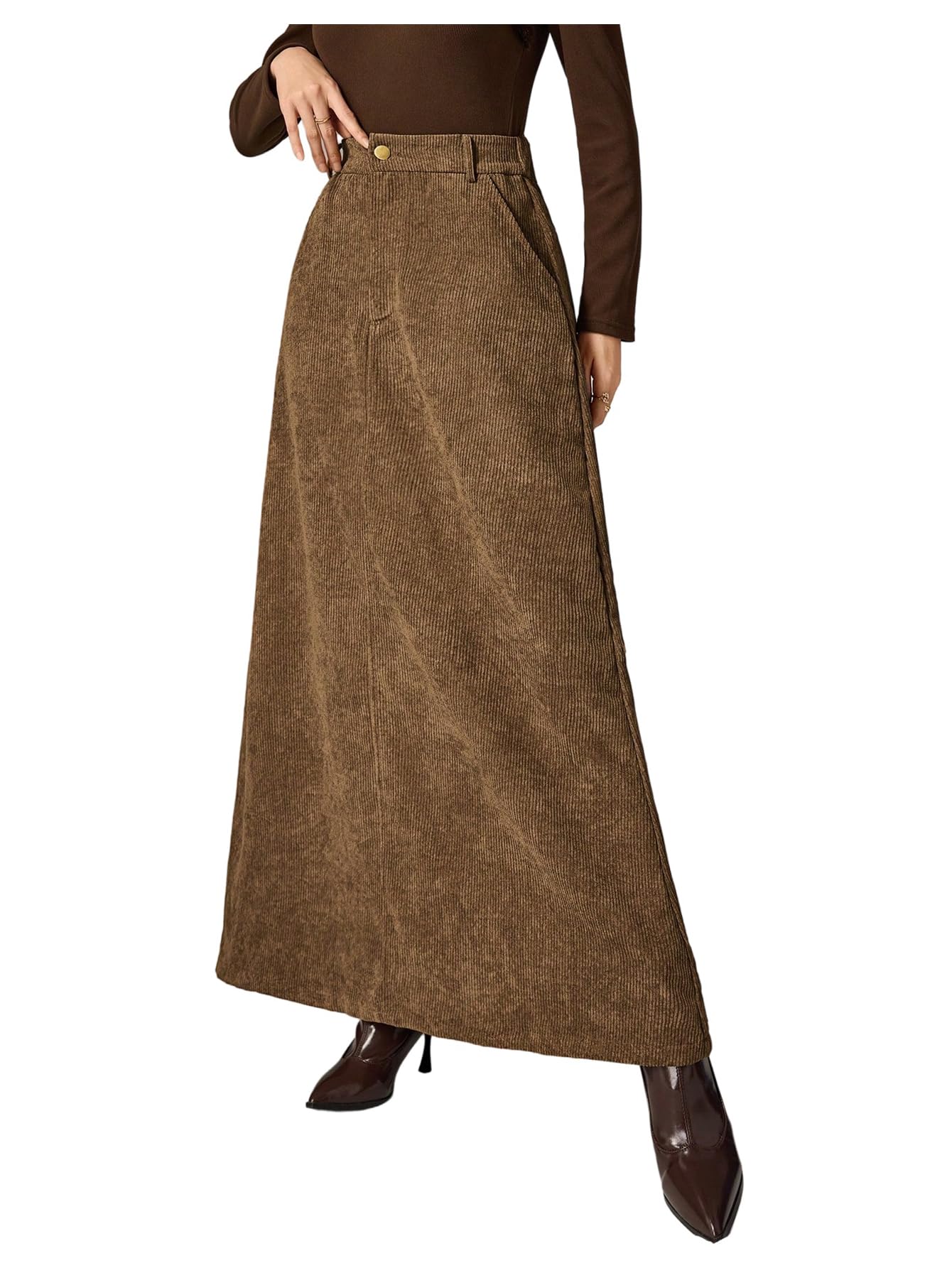 MakeMeChic Womens Business Casual Corduroy Skirt High Waisted Zip Up A Line Maxi Skirts