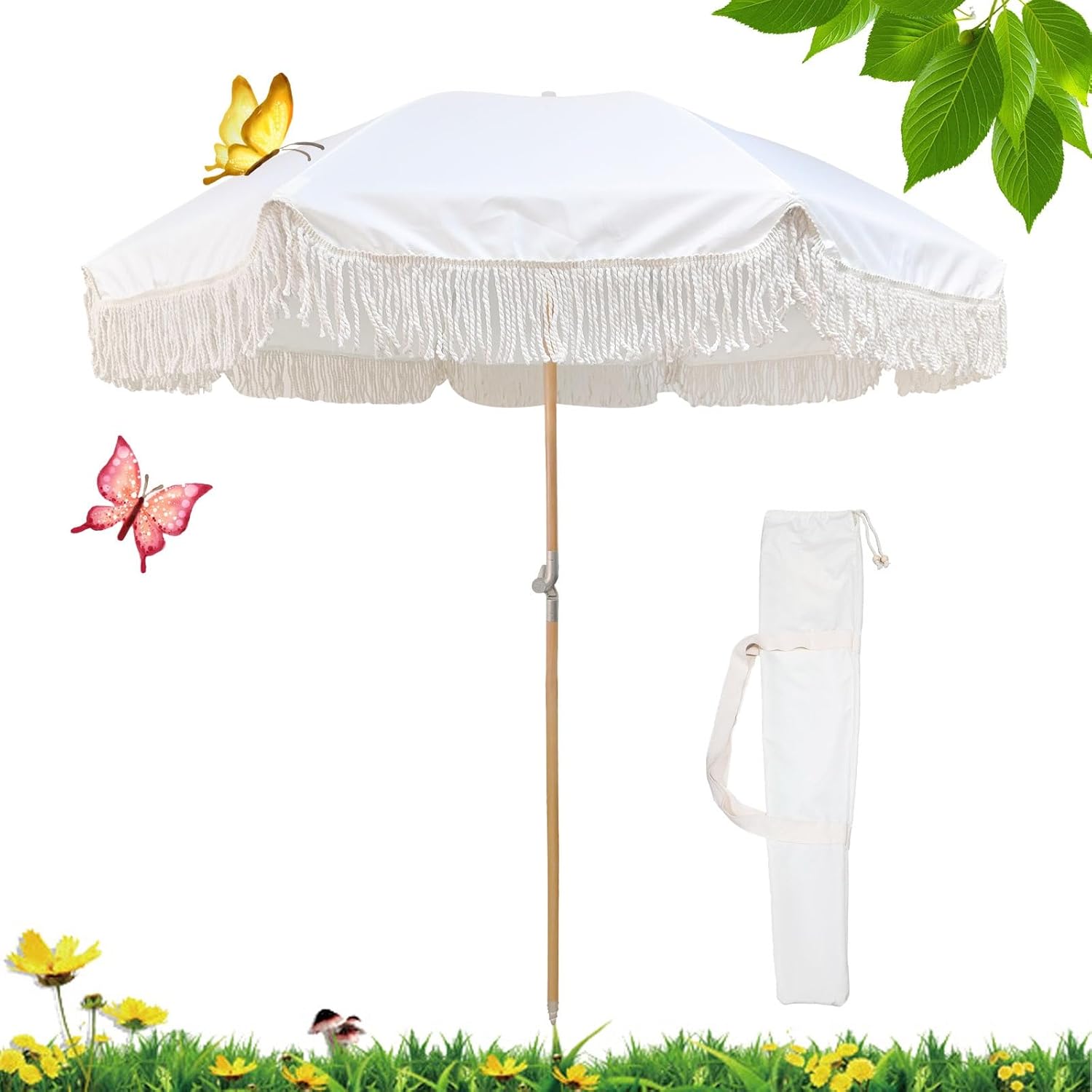Market Patio Table Umbrella Sunshade, 6ft Boho Pool Beach Umbrella, Portable White Garden Umbrella with Storage Bag, Sturdy Umbrella Pole and Skeleton, Waterproof, for Patio Garden Pool Backyard