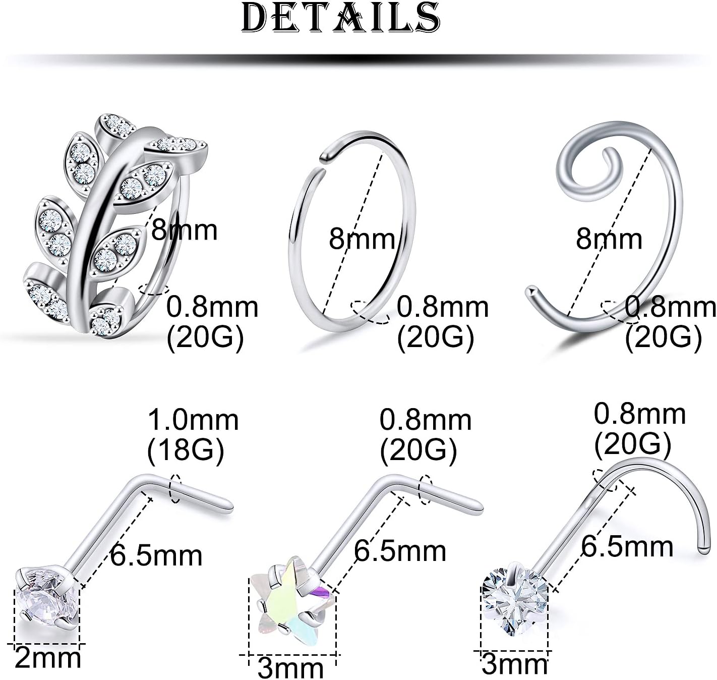 Kridzisw 18G 20G Nose Rings Studs Hypoallergenic 316L Surgical Steel L Shaped Screw Nose Rings Hoops Silver Heart Star Diamond Nose Piercing Jewelry for Women Men 42pcs - Image 2