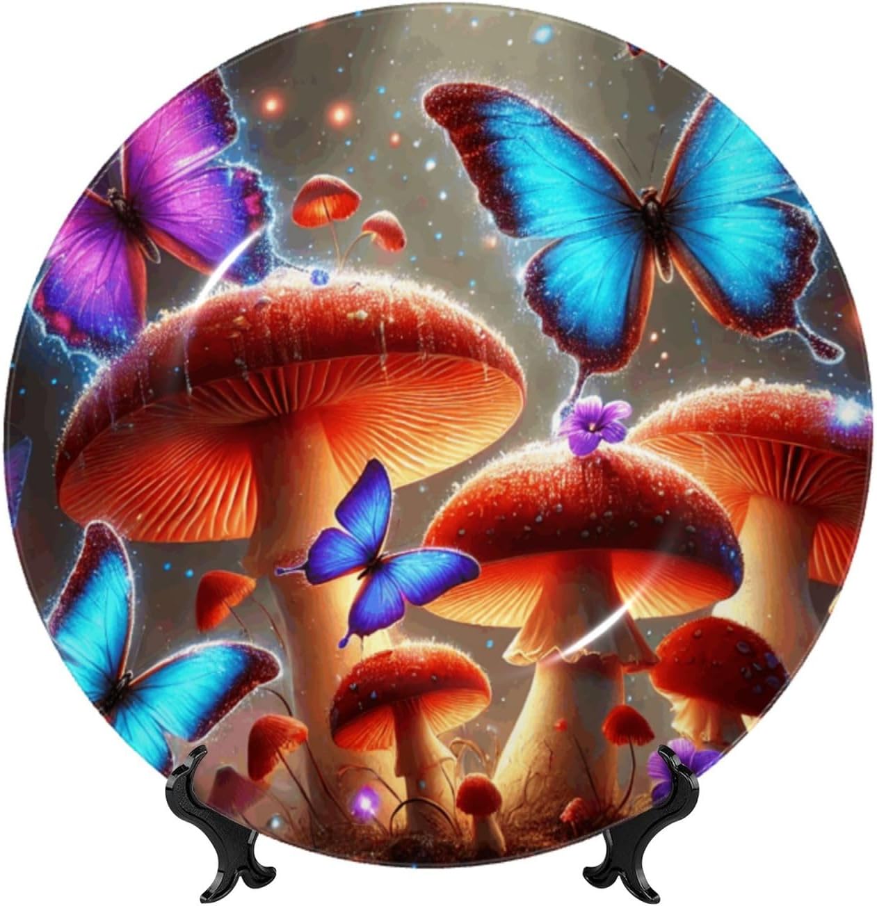 Glowing-Mushrooms-Colorful-Butterflies 10 Inch Decorative Plate With Stand, Elegant Display Wall Plate For Home Decor