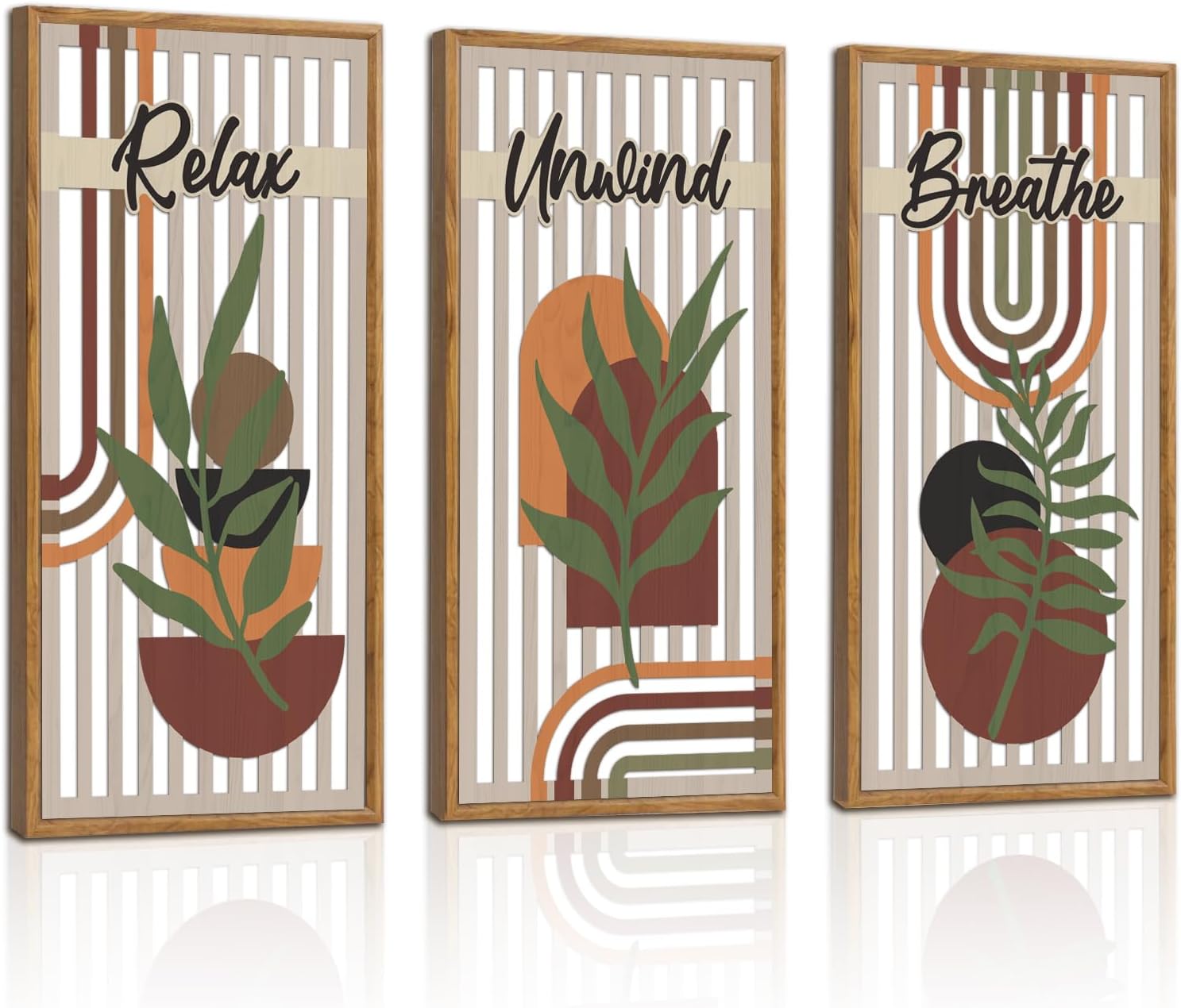 KAIRNE Boho Wooden Wall Art,Bohemian Wood Wall Decor Set of 3(16”X8”),Farmhouse Geometric Wooden Wall Decor,Abstract Minimalist Artwork for Living Room Bedroom Kitchen Office Decoration,Framed