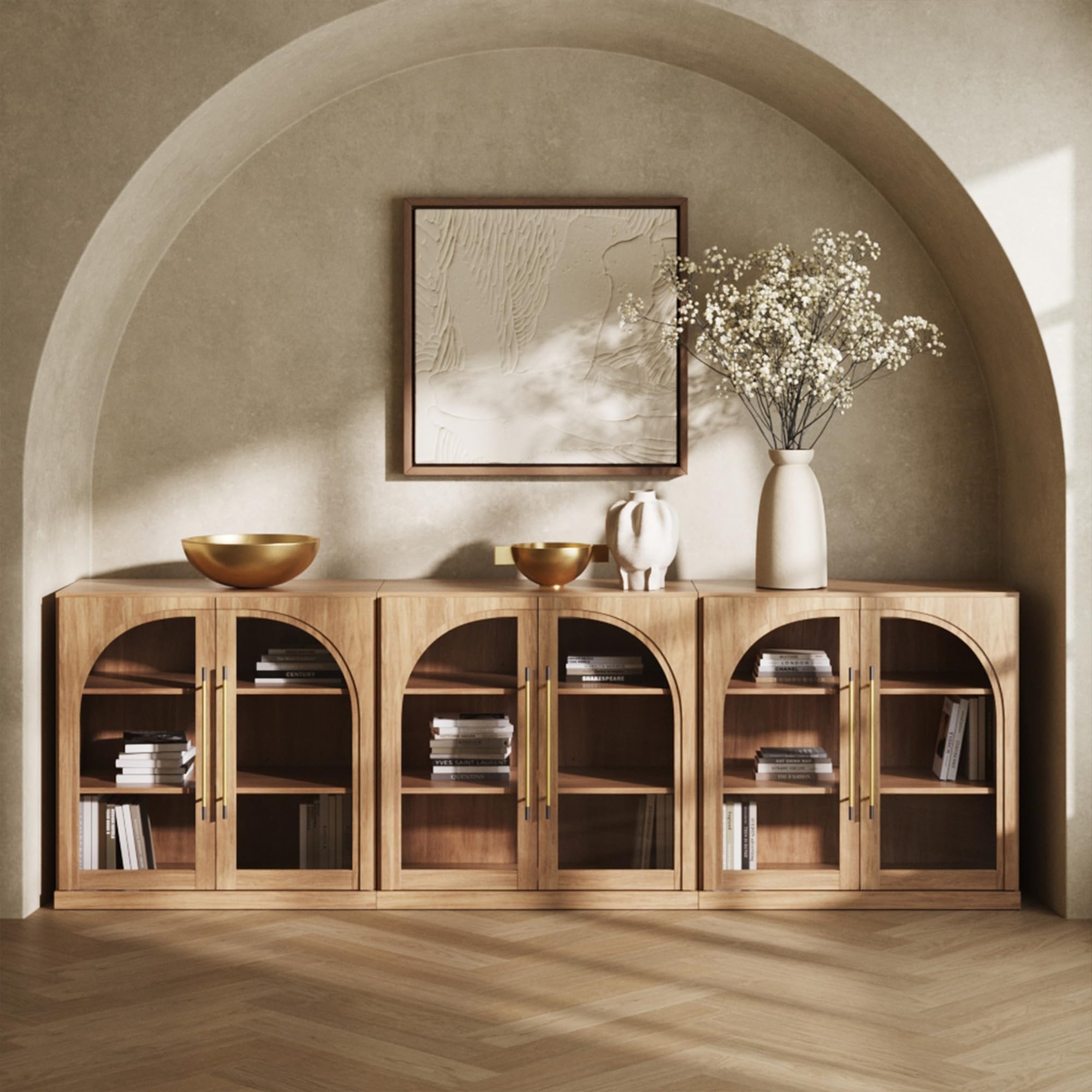 BELLEZE 65 Inch Fluted Buffet Cabinet with Storage, Symmetrical Arc Accent Sideboard Large Console Table for Dining Room, Kitchen, and Living Room (Camel) — view 29