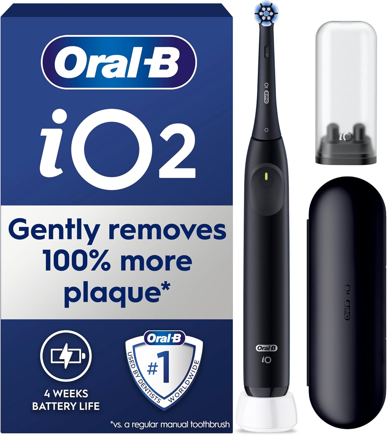Oral-B iO2 Electric Toothbrush, 1 Gentle Care Toothbrush Head, 1 Travel Case, 1 Travel Refill Holder, Oral B Toothbrush Adults (Night Black), Designed by Braun, 2 Pin UK Plug