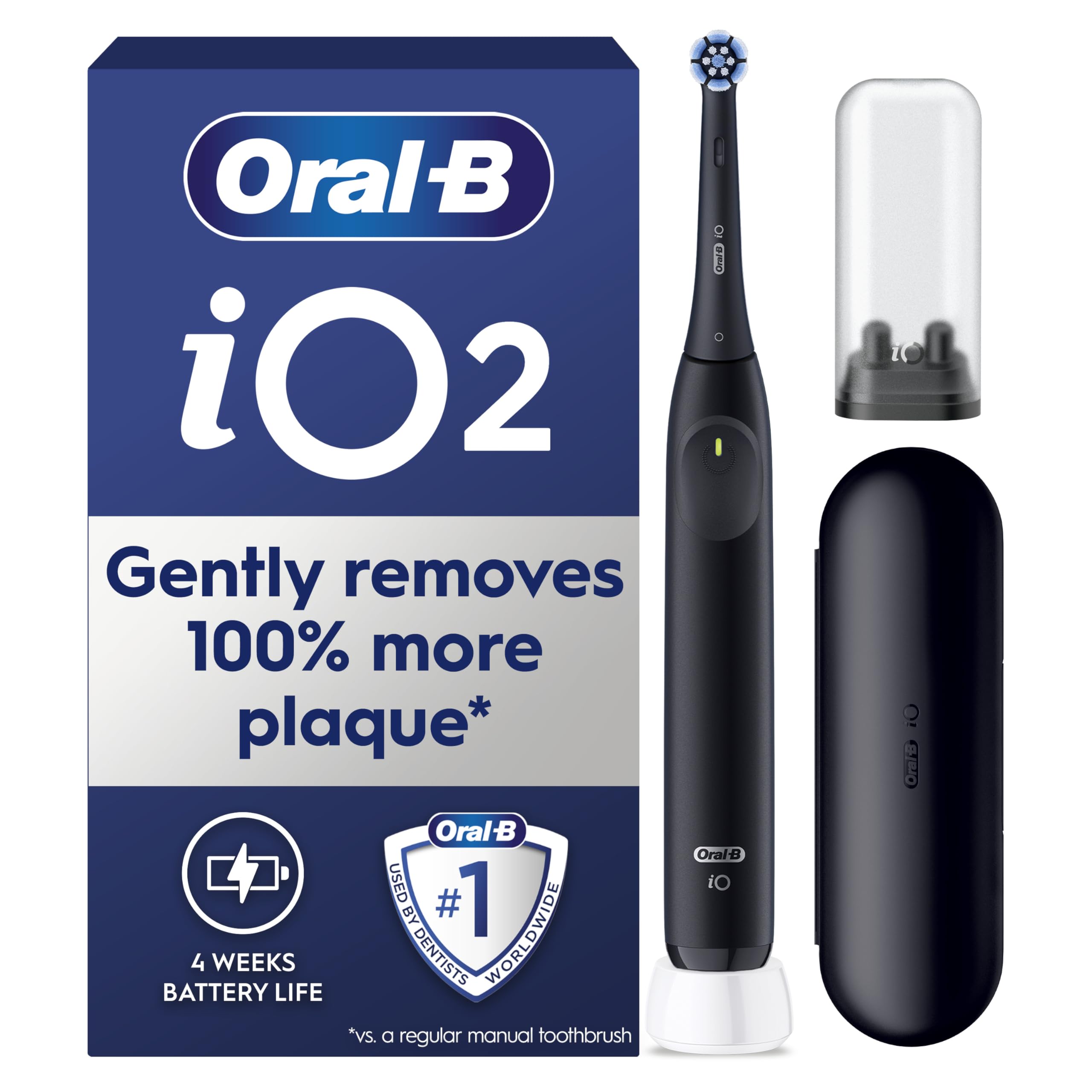 Oral-B iO2 Electric Toothbrush, 1 Gentle Care Toothbrush Head, 1 Travel Case, 1 Travel Refill Holder, Oral B Toothbrush Adults (Night Black), Designed by Braun, 2 Pin UK Plug