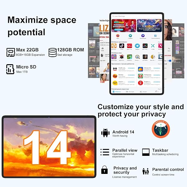 DMOAO Tablet Android 14 con 22GB RAM+128GB ROM(1TB TF, Tablet 10 Pollici con Widevine L1, Octa-Core 2.0GHZ, 5G Wi-Fi, GPS, 8000mAh, 8MP+5MP, Bluetooth 5.0, USB-C, Tastiera, Marrone - 3