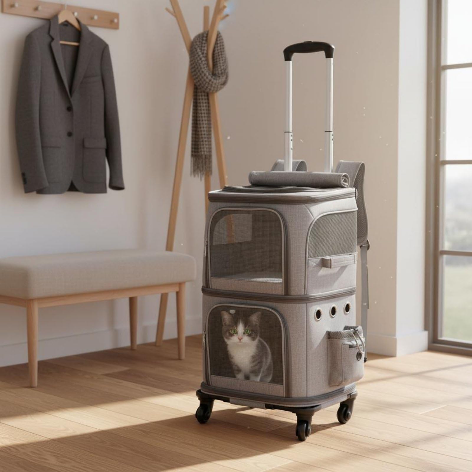 Travel Carrier Doppelstock Haustier Trolley Tasche Tiertransport Tasche Haustierkoffer mit Rollendem Fahrwerk Und Tragbarem Griff aus Oxford mit, Blau, Dunkelblau, Groß 35 28 63 Cm