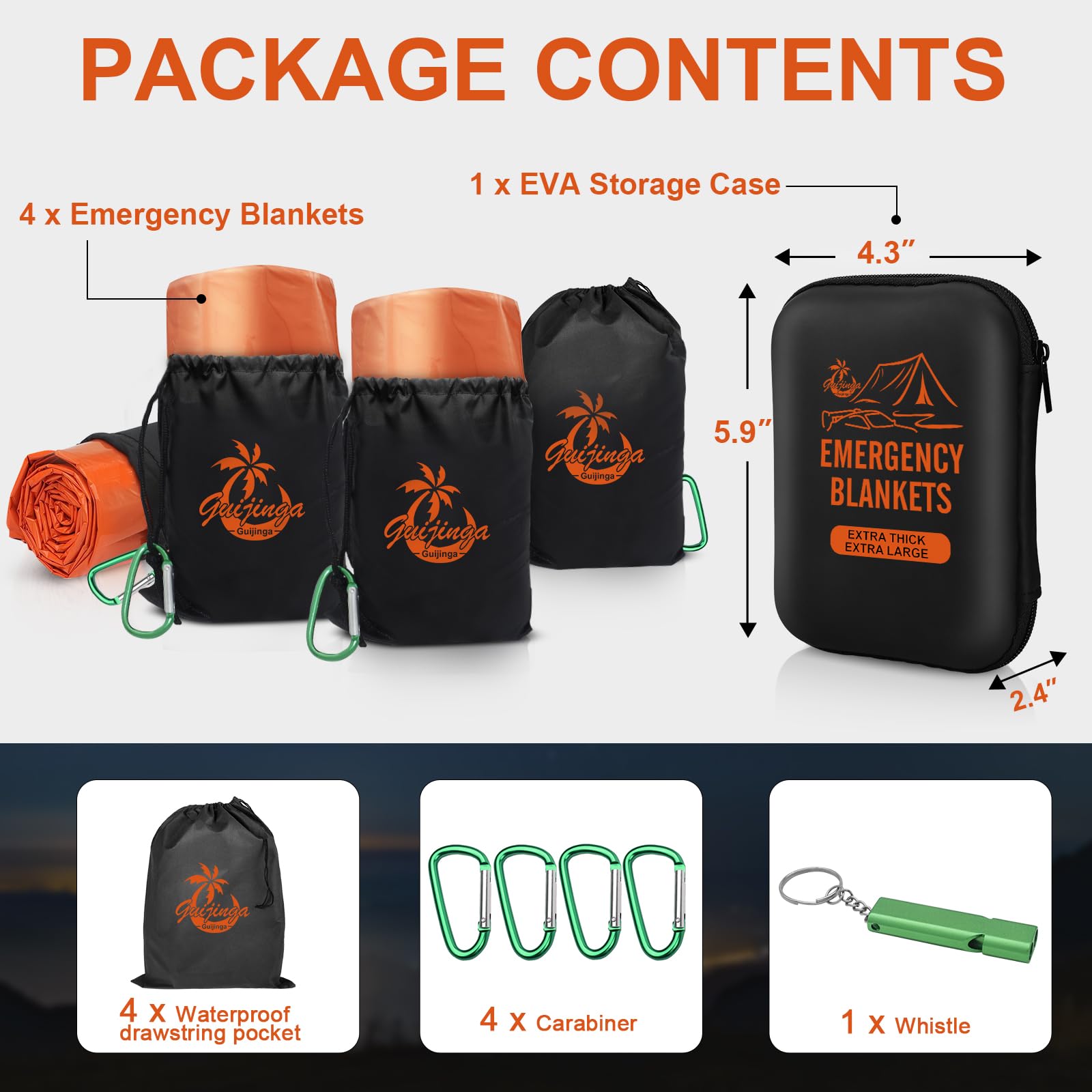 Paquete de 4 mantas de emergencia, manta térmica compacta e impermeable para supervivencia al aire libre, senderismo, camping y situaciones de emergencia (naranja, paquete de 4)