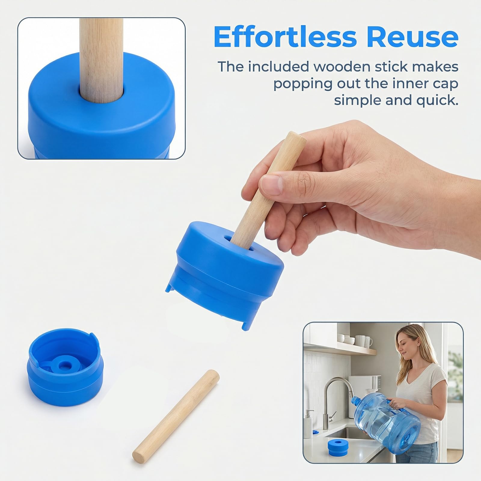 4 Pack Reusable Water Jug Caps, 5 Gallon Bottle Replacement Lids, Anti Spill Snap On Top with Wooden Stick, Dispenser Cover for 3 Gal Cruche D'eau, Bouteille Accessories - 5