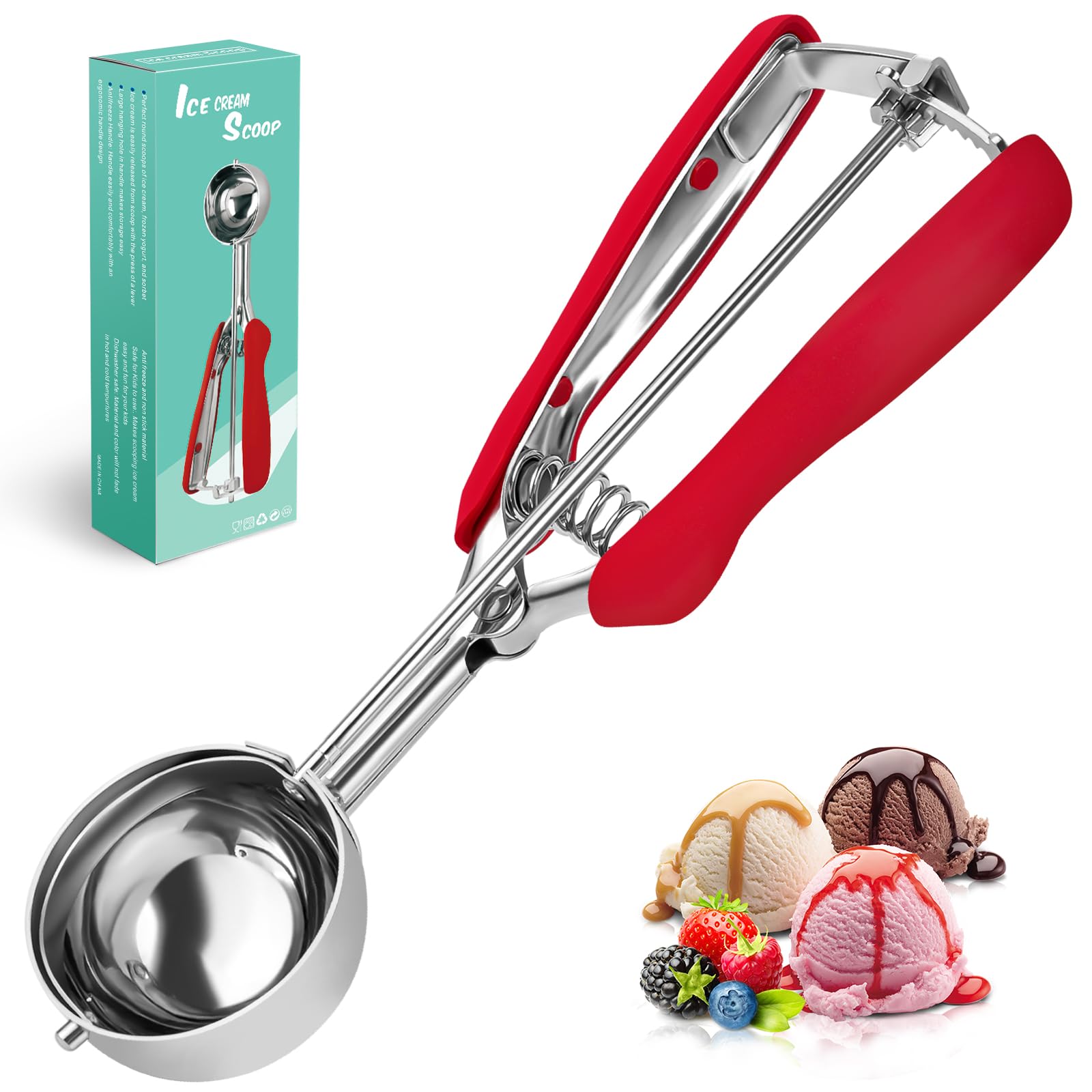 SPEENSUN Eisportionierer aus 304 Edelstahl mit Auslöser (24x6cm),eislöffel portionierer Poliert,Robust&Leicht für Eiscreme, Melonenkugeln,Kartoffelpüree,Teig,Kuchen,Spülmaschinenfest（rot）