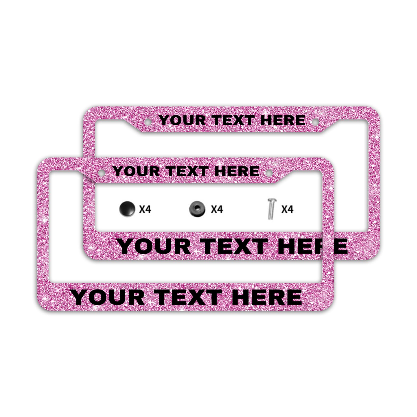 2 PCS Custom Personalized License Plate Frame Pink Glitter Customized Design Aluminum Metal Car Plate Frames Holders Auto Tag Cover 2 Holes(Not Actual Glitter)