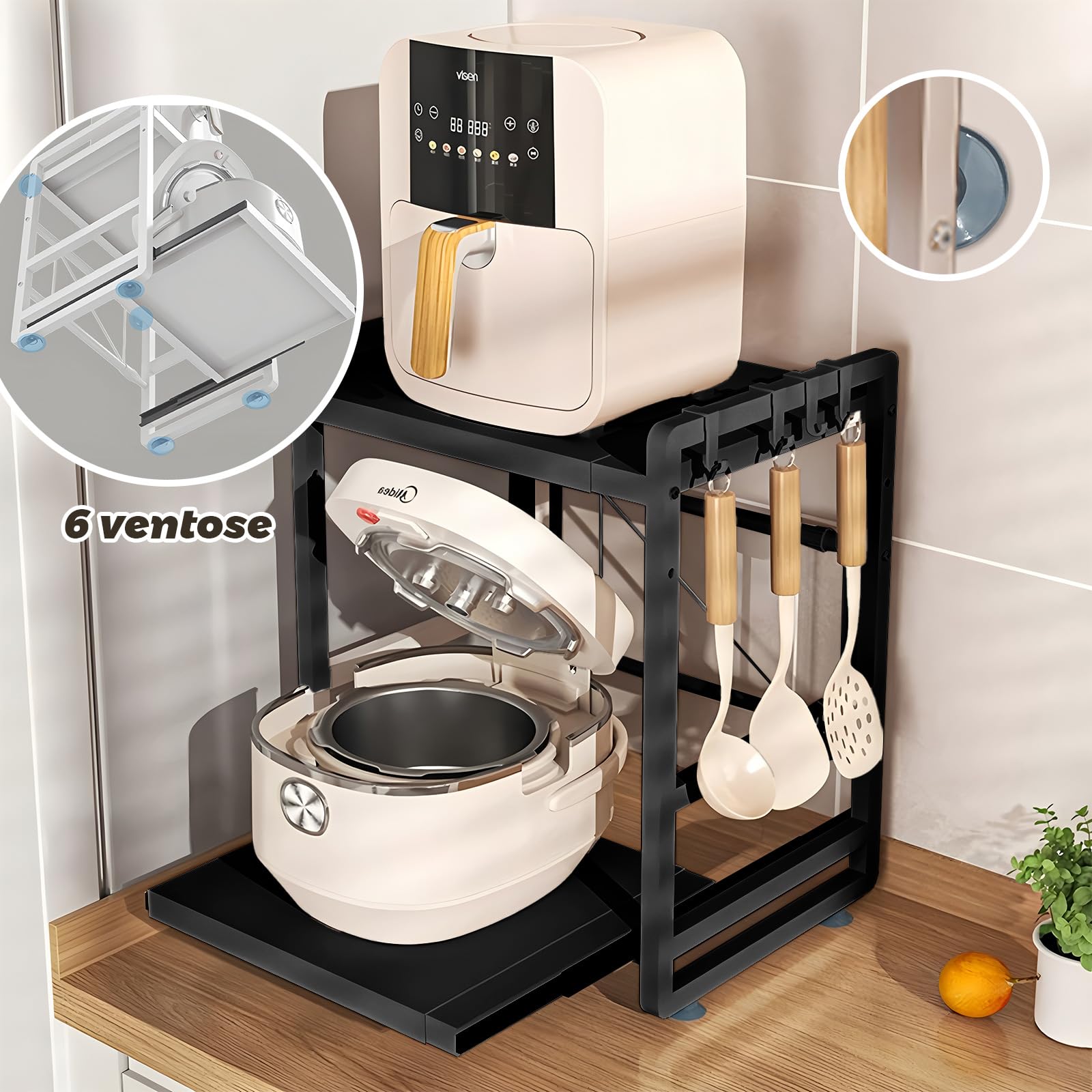 Scaffale per microonde a 2 livelli, mensola da cucina estensibile e regolabile in altezza, con cassetto, in acciaio al carbonio, con ganci e ventose di rinforzo inclusi, facile da montare