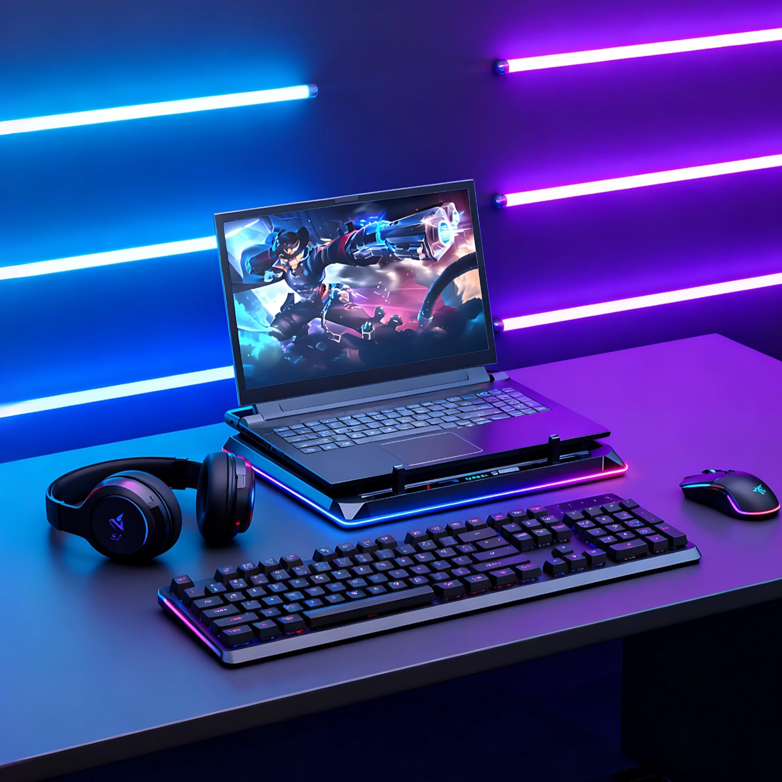Gaming Laptop Cooling Pad, Dual Turbofan, Hub USB RGB, Adatto per 15-21 Pollici Laptop, Riduzione del rumore, Velocità Ventola Regolabile, 4 Porte USB, 41 x 29,6 cm