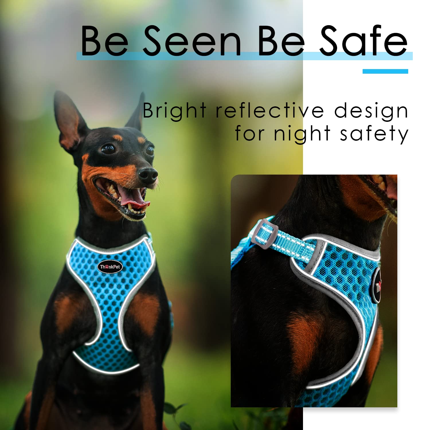 ThinkPet Reflective Breathable Soft Air Mesh No Pull Puppy Choke Free Over Head Vest Ventilation Harness Leash Set for Puppy Small Medium Dogs Light Blue L — view 7