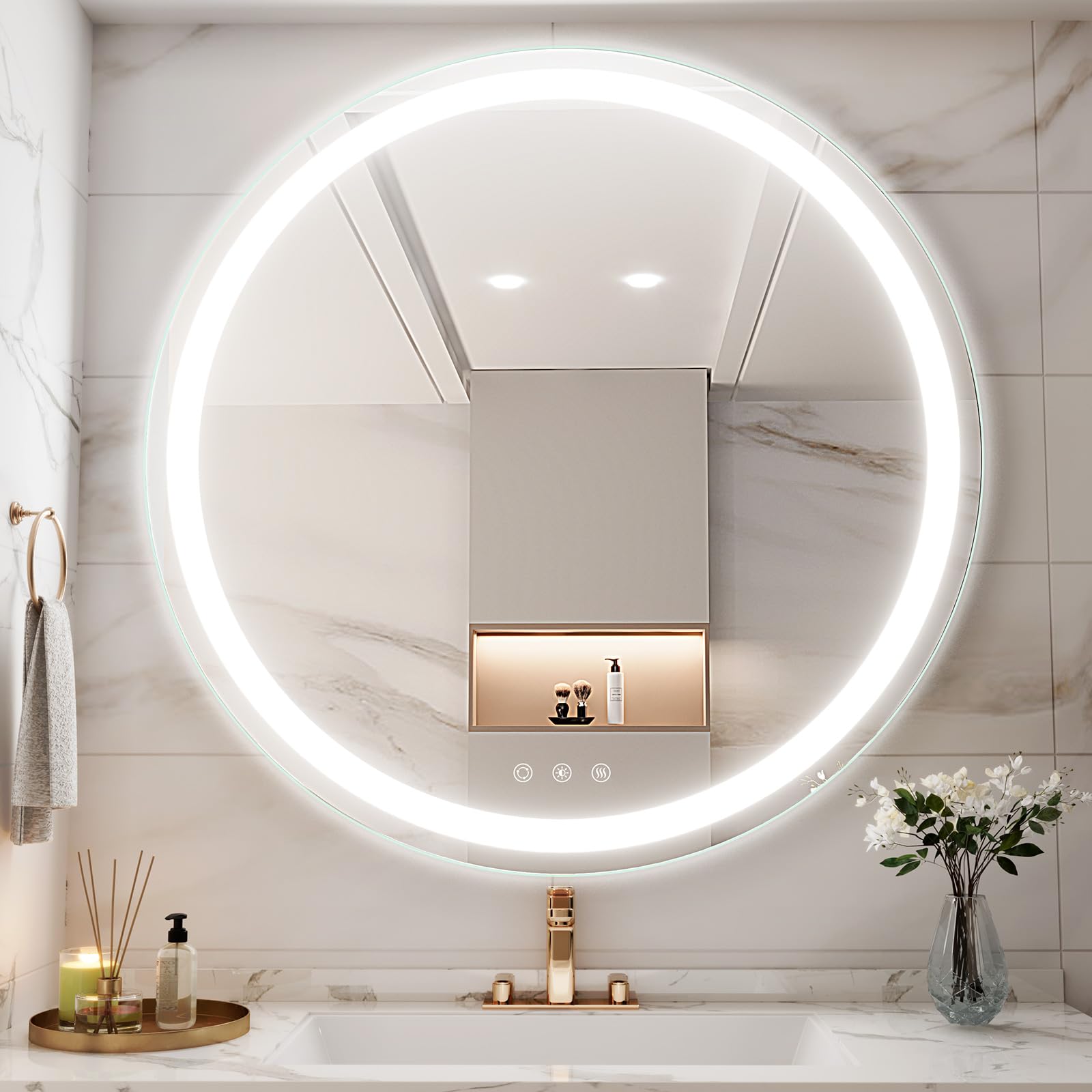 Photo 1 of LOVESPEJO 36 Inch Round LED Bathroom Mirror,Anti-Fog, Dimmable, Front lit, Circle Bathroom Mirror with Led Lights, Lighted Bathroom Mirror for Wall, 3 Colors, Memory, Shatter-Proof, IP64 36"x36" Front Lit