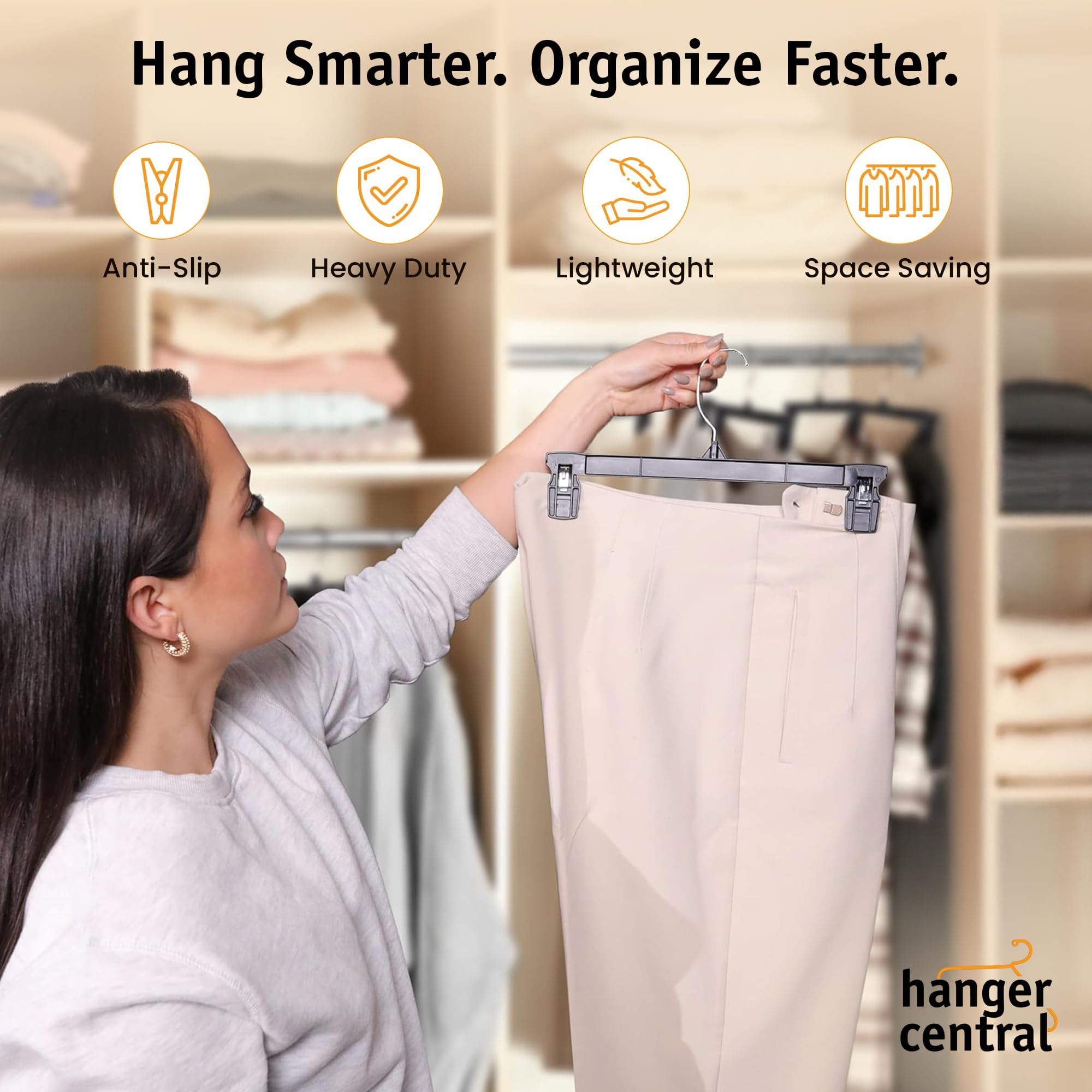 Hanger Central Space Saving Heavy Duty Slim Plastic Pants, Skirts, Shorts Hangers, Ridged Non-Slip with Pinch Clips, 360-Rotating Chrome Swivel Hook, in Black, 12 Inches (12 Pack)