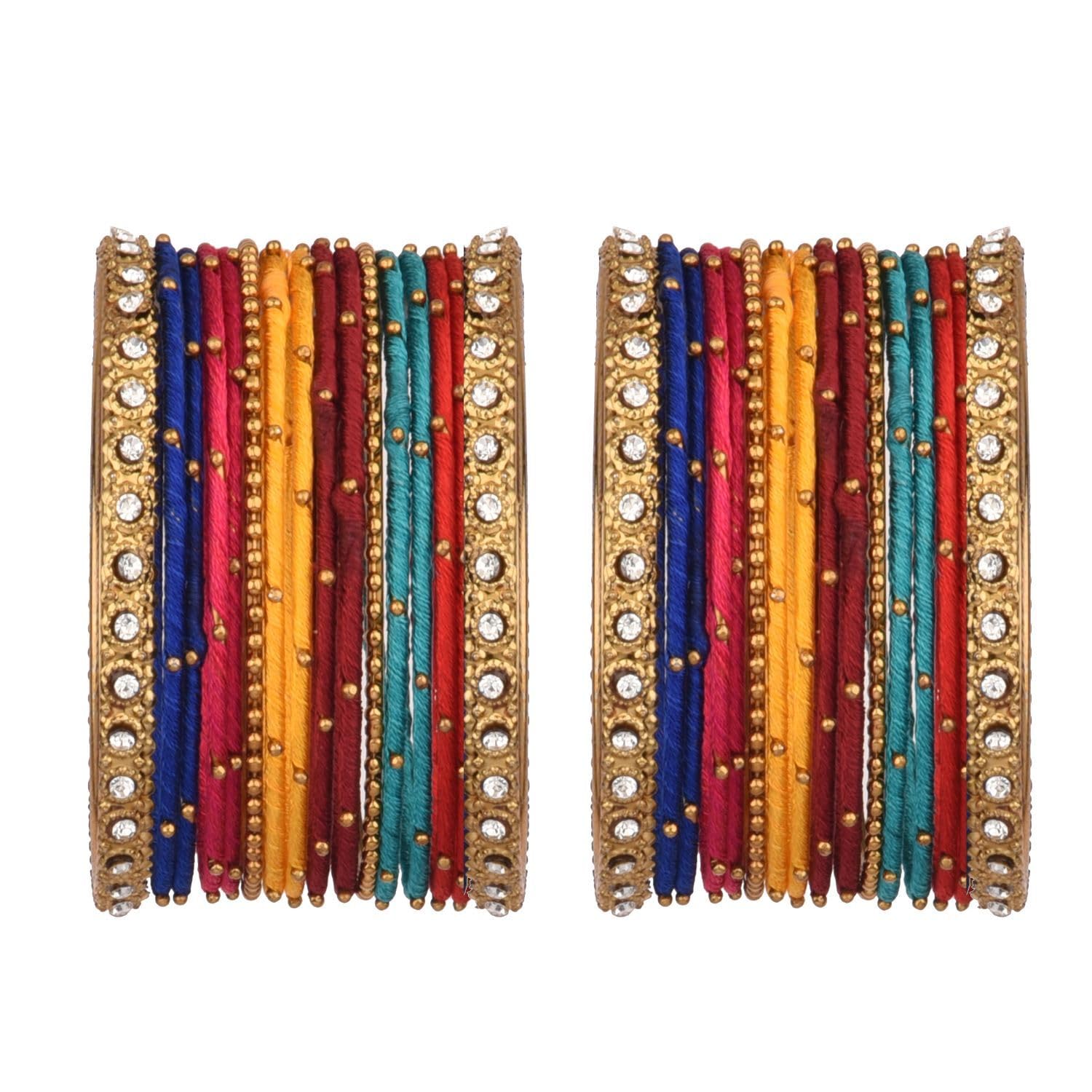 EfulgenzIndian Multicolor Silk Thread Bangle Set with Oxidized Bangles Crystal Metal Ball Bangles Indian Bangles for Women for Wedding Party Boho Bracelet Bangle Bollywood Fashion Statement Jewelry