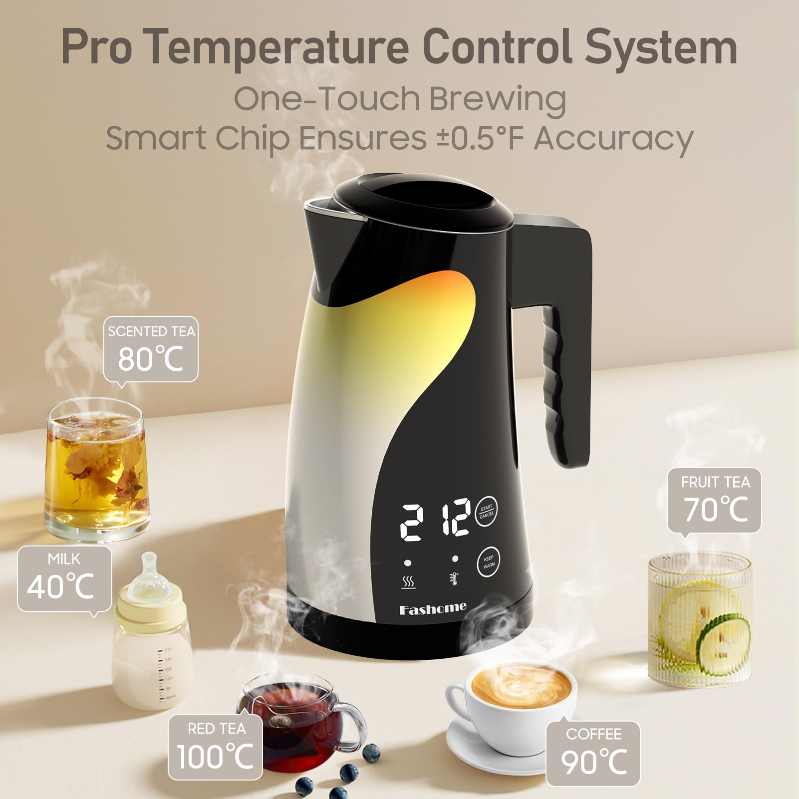 Temperature Control Electric Kettle, 5 Temp Presets, 2H Keep Warm, 1.25L Stainless Steel, Cool-Touch Design with Auto Shut-Off, Adjustable Temperature Control, 360° Rotating Base, (Black)